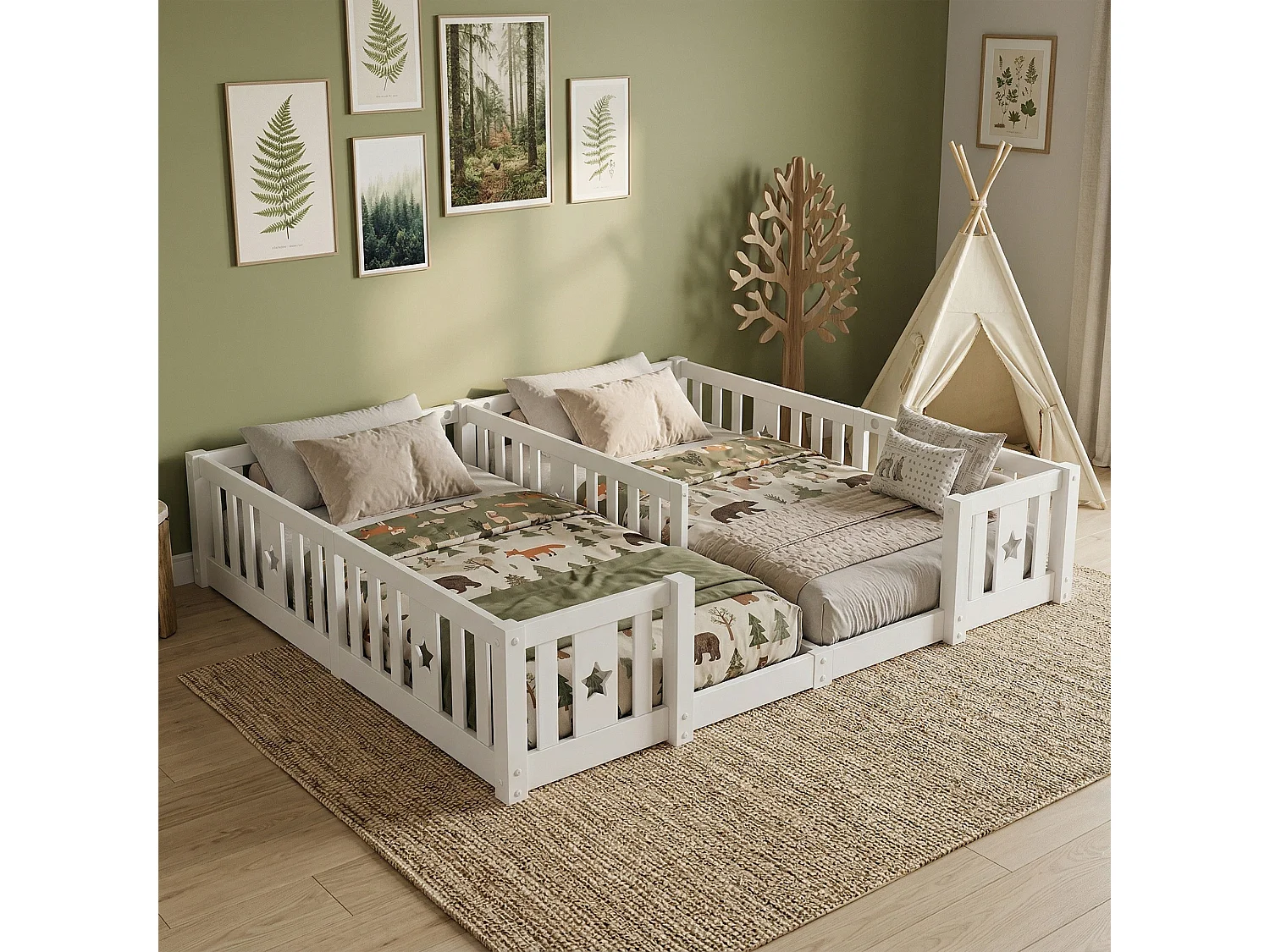 Lit enfant - Lit de Sol - Lit double - 90 x 200 cm - Avec sommier à lattes - Motif en étoile - Bois Massif - Blanc