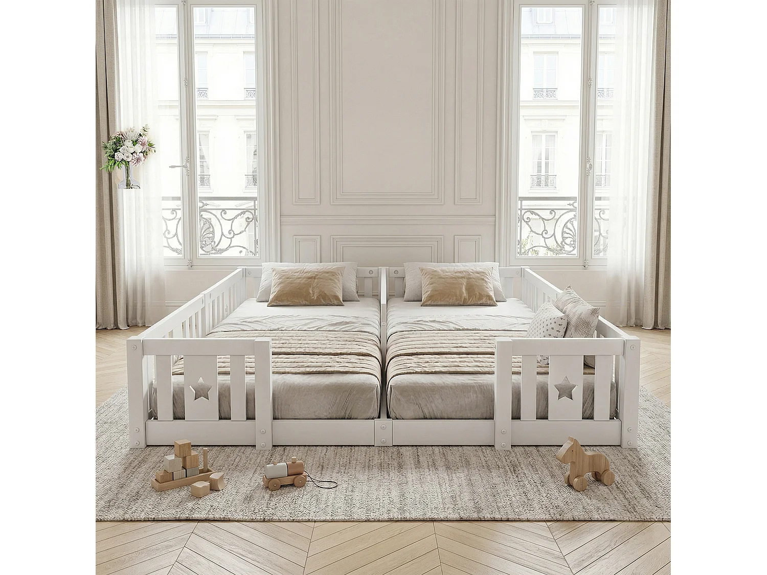 Lit enfant - Lit de Sol - Lit double - 90 x 200 cm - Avec sommier à lattes - Motif en étoile - Bois Massif - Blanc