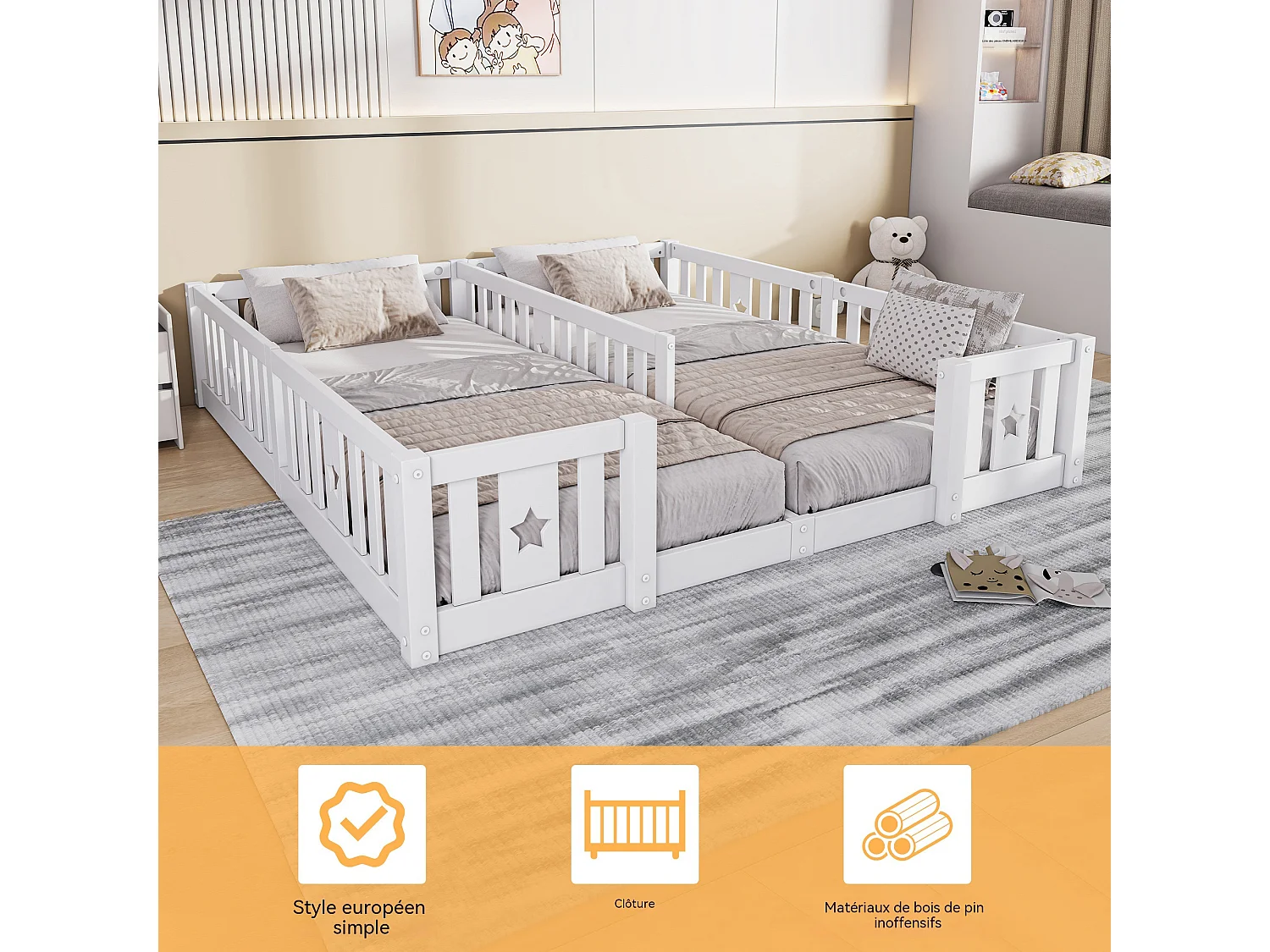 Lit enfant - Lit de Sol - Lit double - 90 x 200 cm - Avec sommier à lattes - Motif en étoile - Bois Massif - Blanc