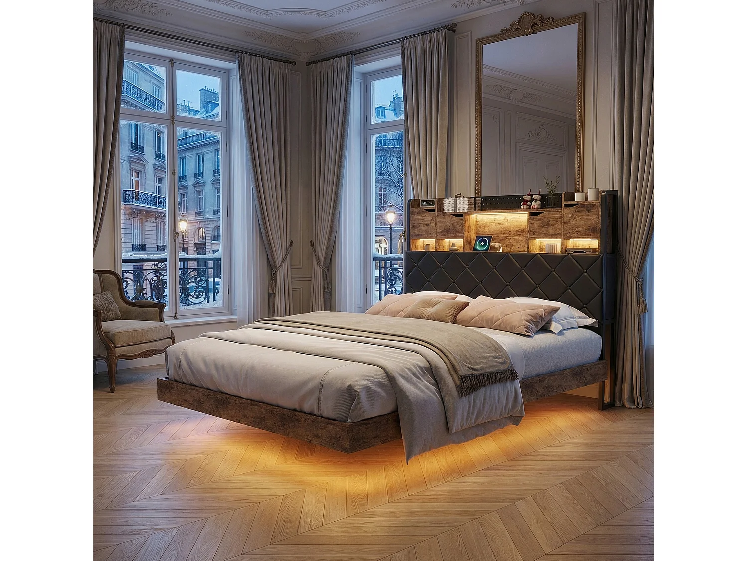 Cadre de lit 160x200 avec LED et ports USB, structure flottante, tête rembourrée, cadre métal à lattes, Noir