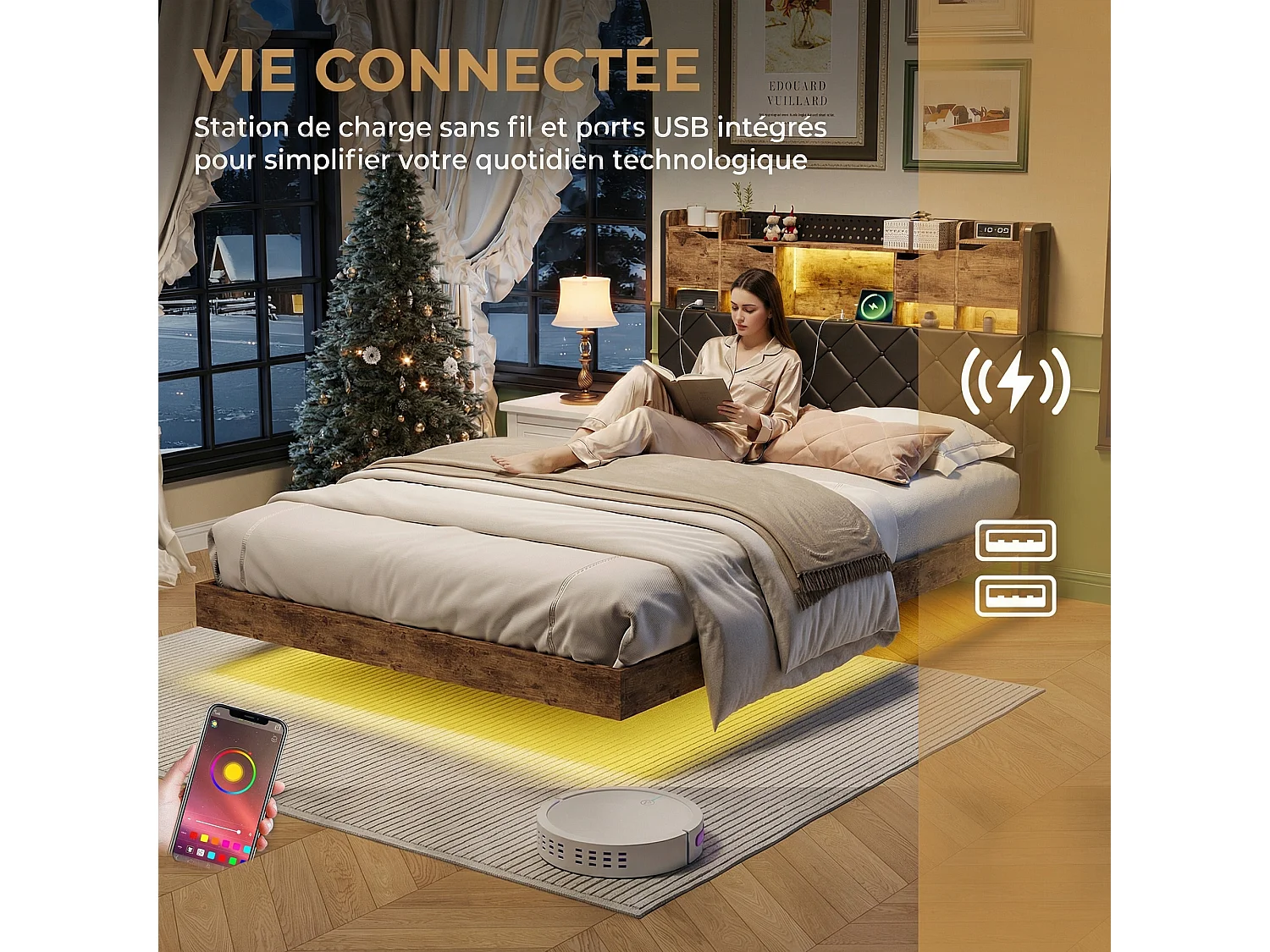 Cadre de lit 160x200 avec LED et ports USB, structure flottante, tête rembourrée, cadre métal à lattes, Noir