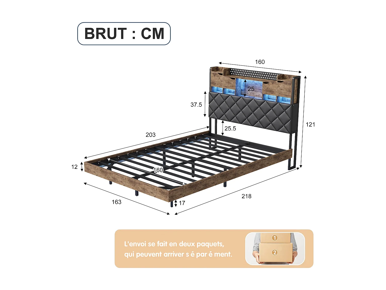 Cadre de lit 160x200 avec LED et ports USB, structure flottante, tête rembourrée, cadre métal à lattes, Noir