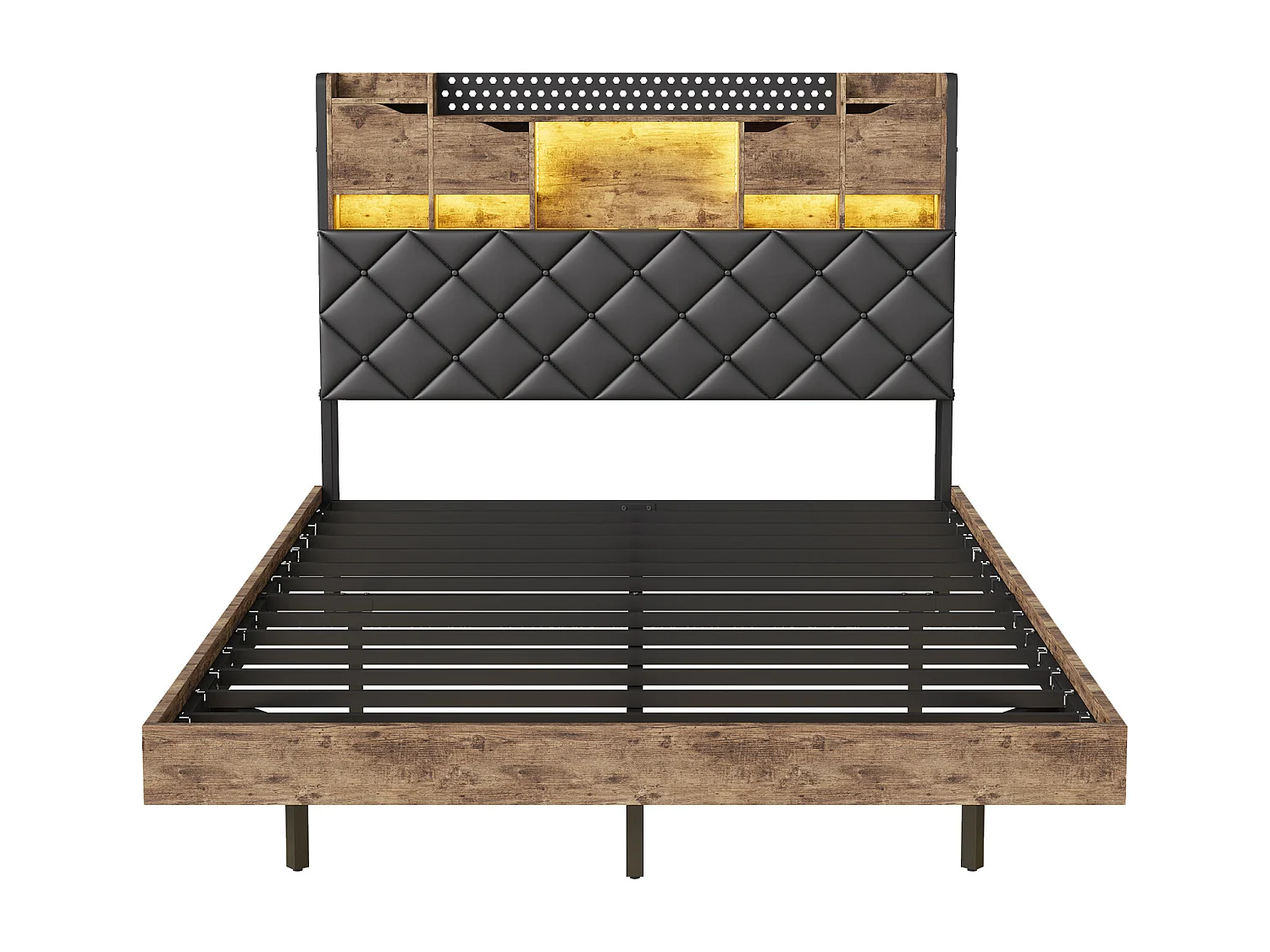 Cadre de lit 160x200 avec LED et ports USB, structure flottante, tête rembourrée, cadre métal à lattes, Noir