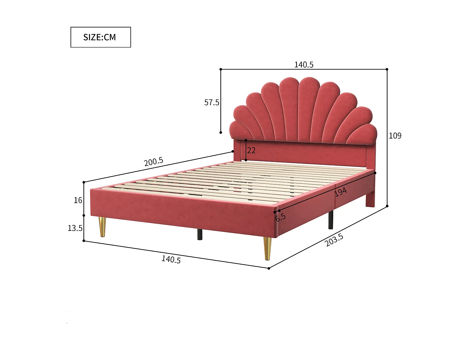 Lit 140x190 - POCKETPOP - Velours bordeaux - Tête de lit en forme de pétale - Cadre de Lit avec Sommier à Lattes en Bois - 2 places