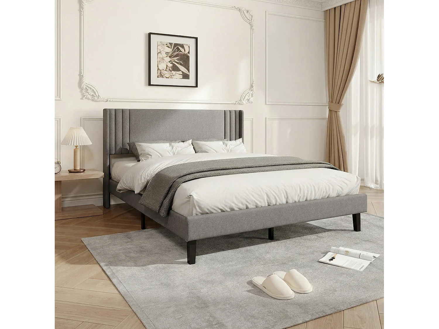 Cadre de Lit Double 140x190 cm,Tête de Lit Lin doux, Cadres en métal et en bois, Gris