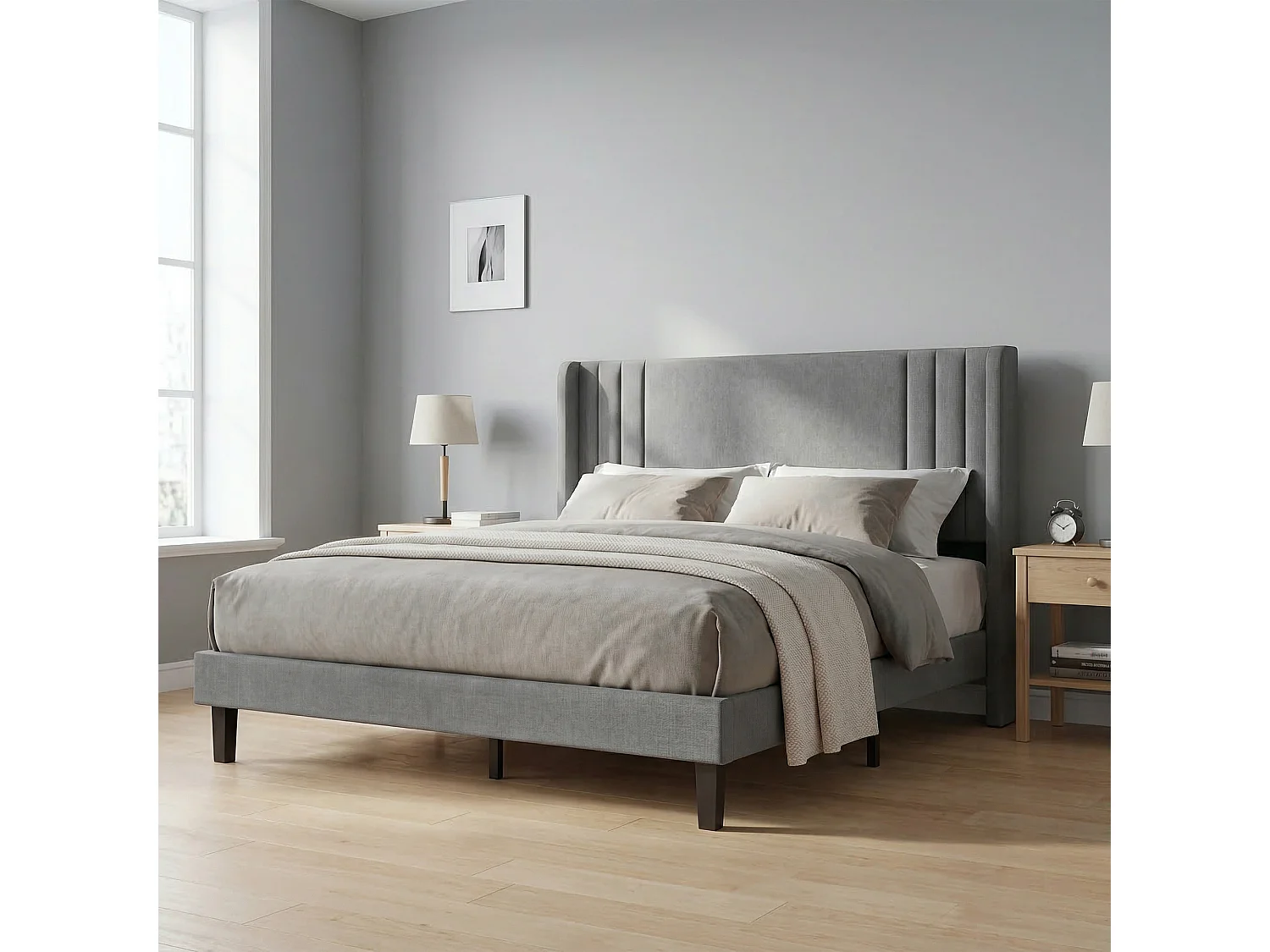 Cadre de Lit Double 140x190 cm,Tête de Lit Lin doux, Cadres en métal et en bois, Gris