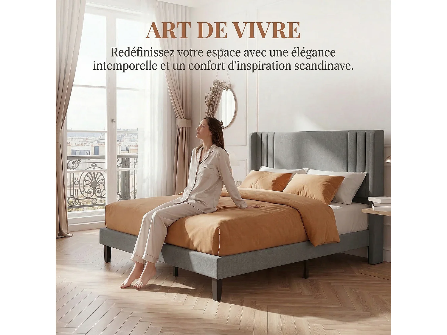 Cadre de Lit Double 140x190 cm,Tête de Lit Lin doux, Cadres en métal et en bois, Gris