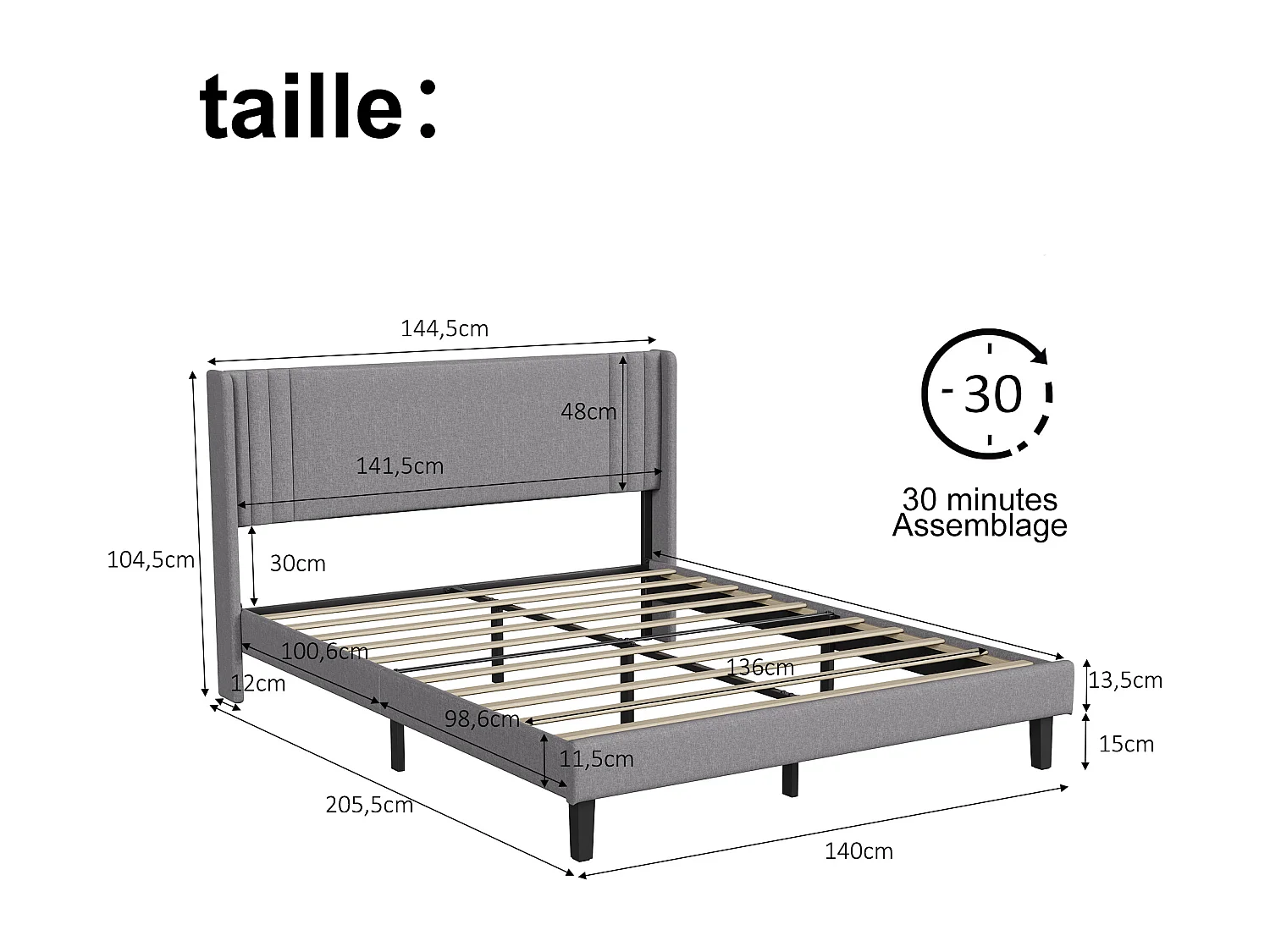 Cadre de Lit Double 140x190 cm,Tête de Lit Lin doux, Cadres en métal et en bois, Gris