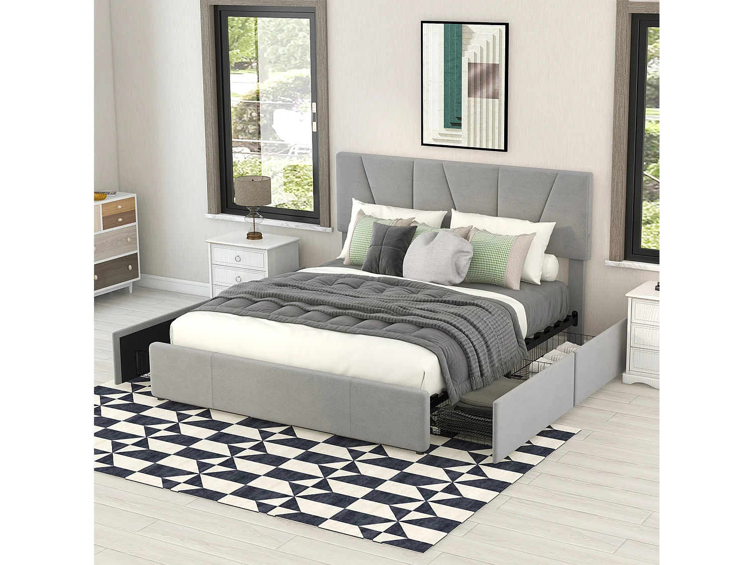 Lit double adulte, 140 x 190 cm, avec 4 Tiroirs, Tête de Lit Ajustable, Lit rembourré, Gris