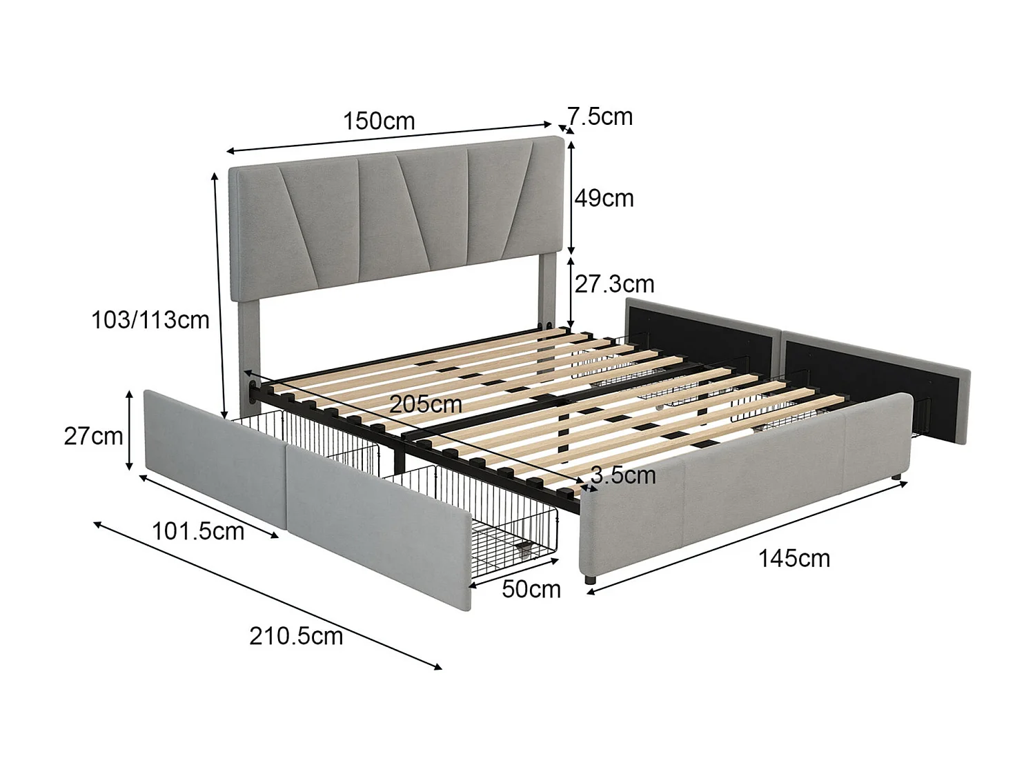 Lit double adulte, 140 x 190 cm, avec 4 Tiroirs, Tête de Lit Ajustable, Lit rembourré, Gris