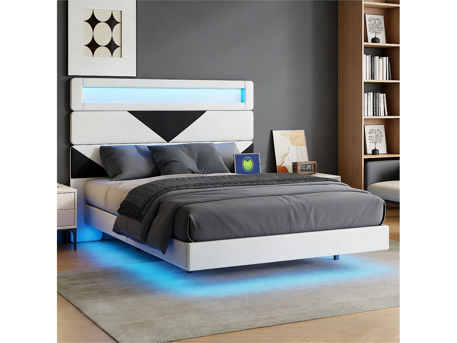 POCKETPOP Structure de Lit Double, 160 x 200 cm, Lit Flottant, Lit avec Éclairage LED, Tête de Lit Réglable, Multiprise, Velours