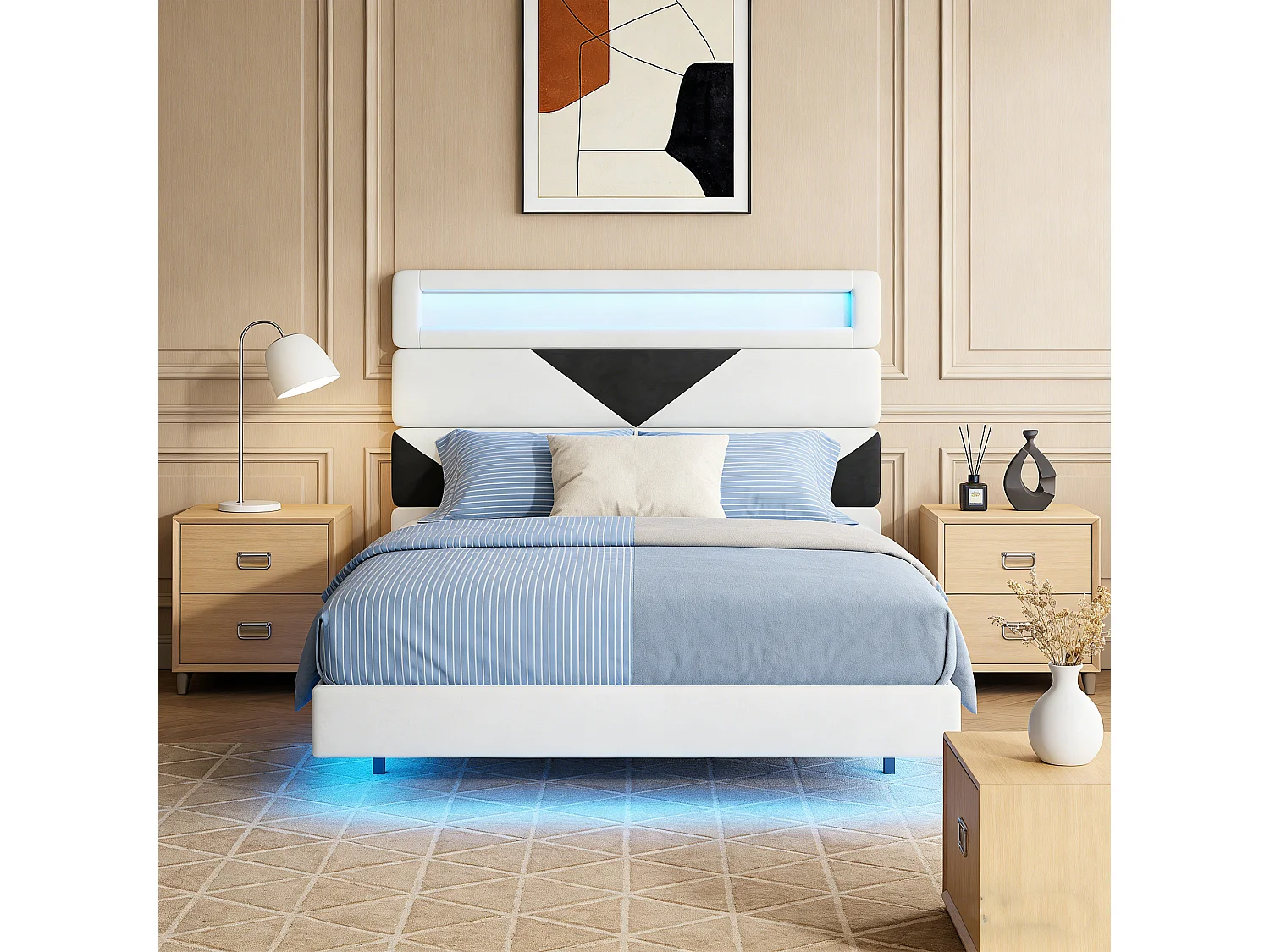 POCKETPOP Structure de Lit Double, 160 x 200 cm, Lit Flottant, Lit avec Éclairage LED, Tête de Lit Réglable, Multiprise, Velours