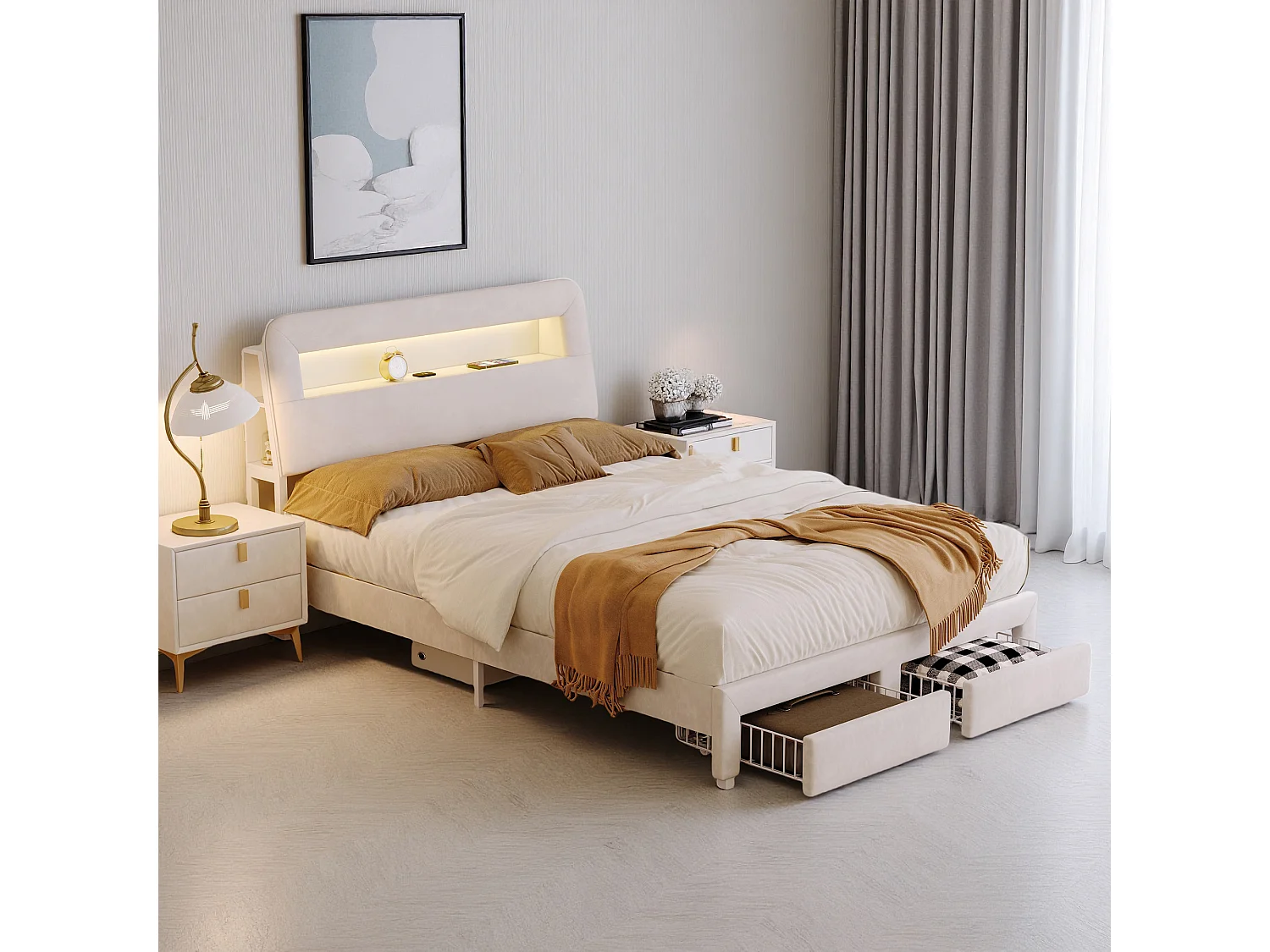 Lit 160x200 cm - USB - LED - Contemporain - lit double - cadre de lit adulte 160x200 cm - velours - Beige