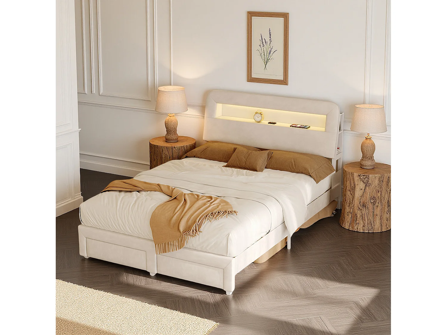 Lit 160x200 cm - USB - LED - Contemporain - lit double - cadre de lit adulte 160x200 cm - velours - Beige