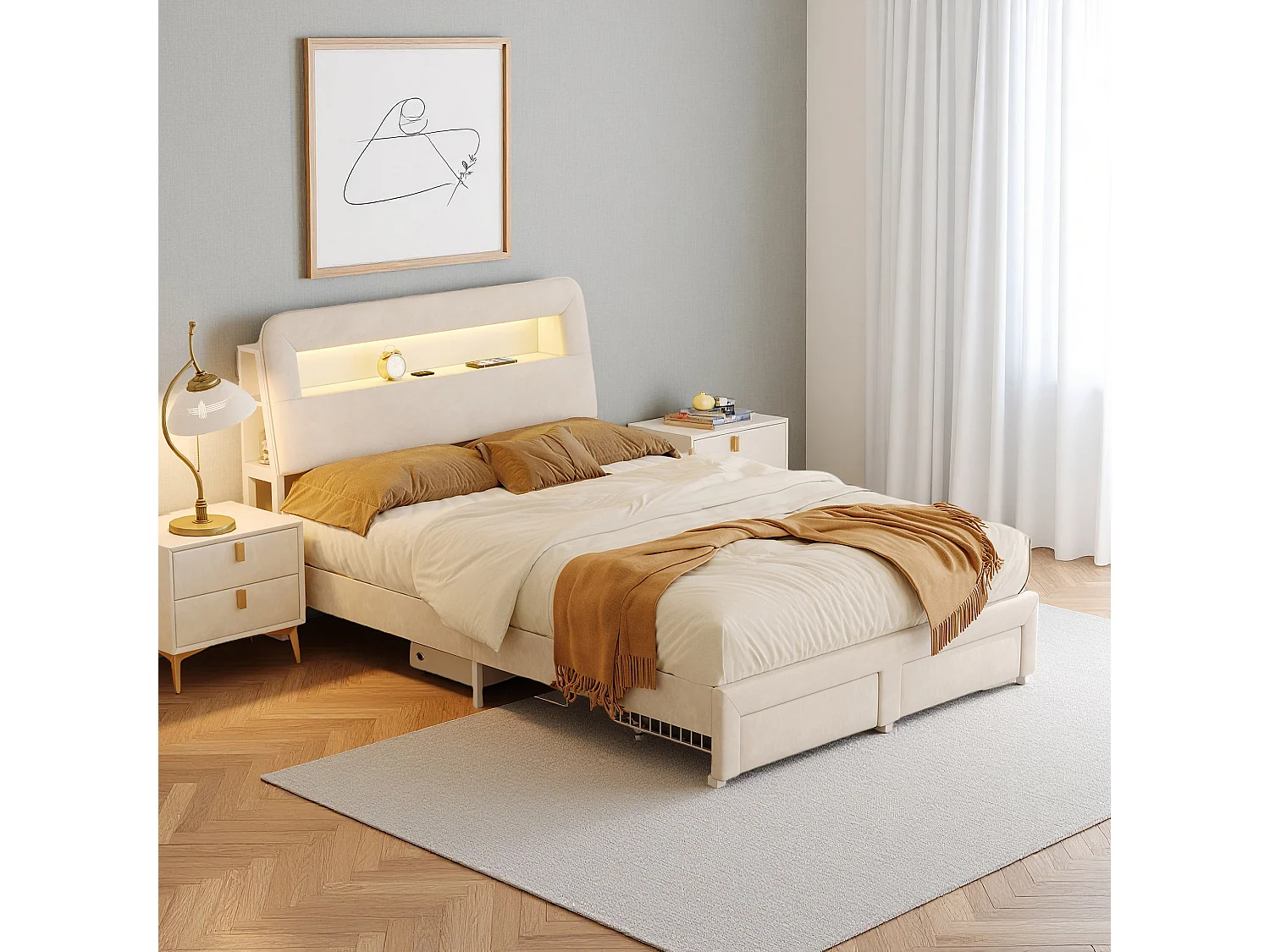 Lit 160x200 cm - USB - LED - Contemporain - lit double - cadre de lit adulte 160x200 cm - velours - Beige