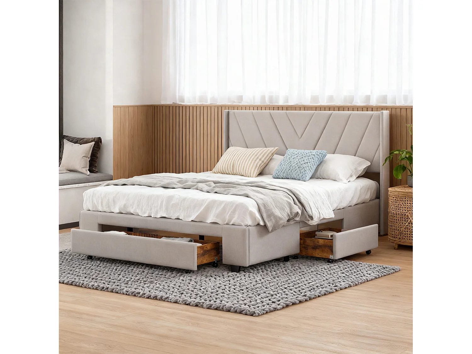 Lit 140x190 cm, motif de ligne, style minimaliste moderne, lit adulte, cadre de lit double 140x190 cm, Lin, beige