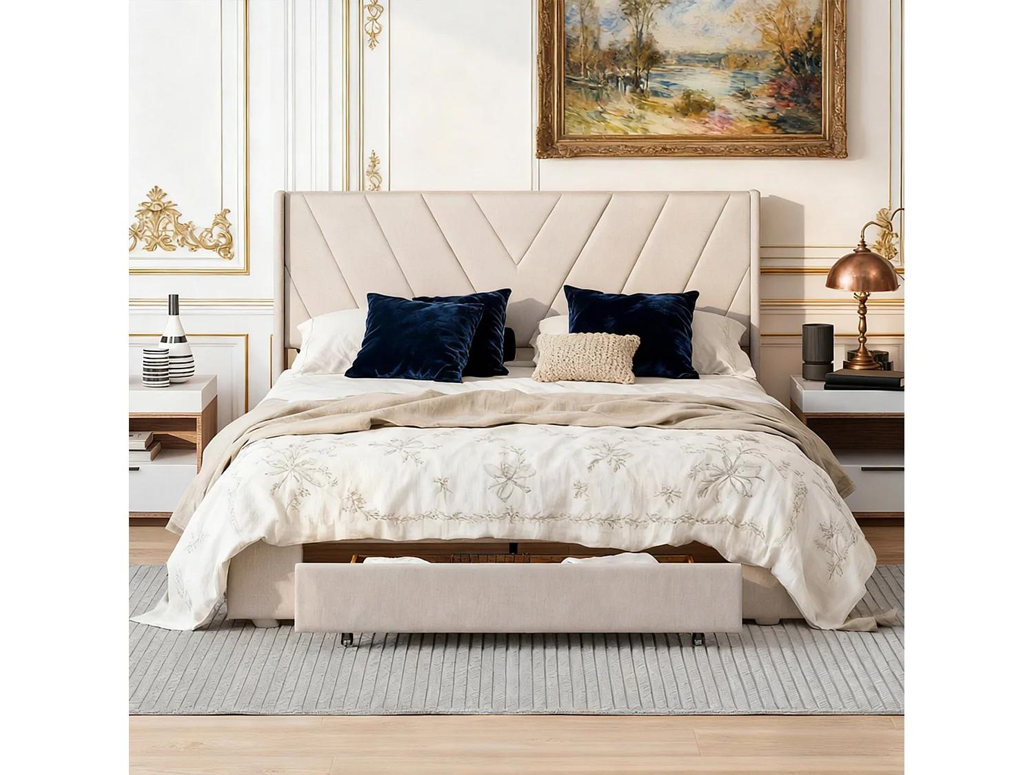 Lit 140x190 cm, motif de ligne, style minimaliste moderne, lit adulte, cadre de lit double 140x190 cm, Lin, beige