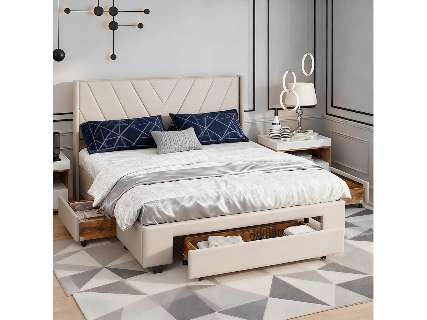 Lit 140x190 cm, motif de ligne, style minimaliste moderne, lit adulte, cadre de lit double 140x190 cm, Lin, beige