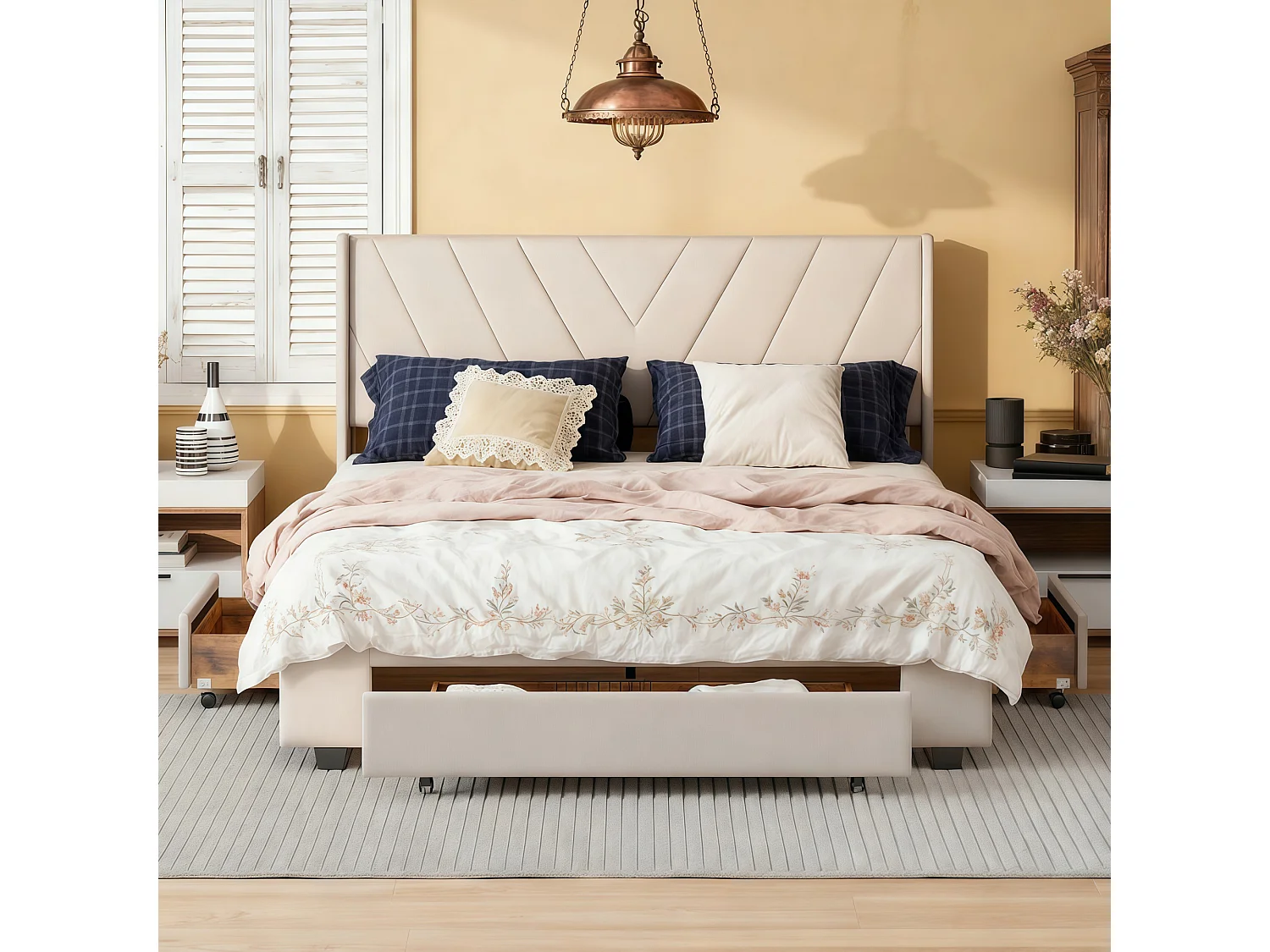 Lit 140x190 cm, motif de ligne, style minimaliste moderne, lit adulte, cadre de lit double 140x190 cm, Lin, beige