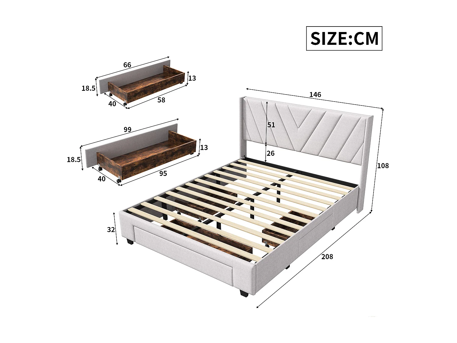 Lit 140x190 cm, motif de ligne, style minimaliste moderne, lit adulte, cadre de lit double 140x190 cm, Lin, beige