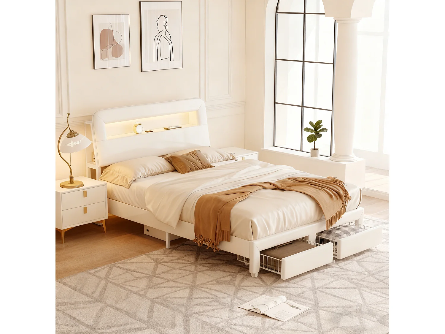 Structure de lit,POCKETPOP,140x190 cm,USB et LED,avec 2 tiroirs,tissu en velours,cadre de lit 140x190 cm,Blanc cassé