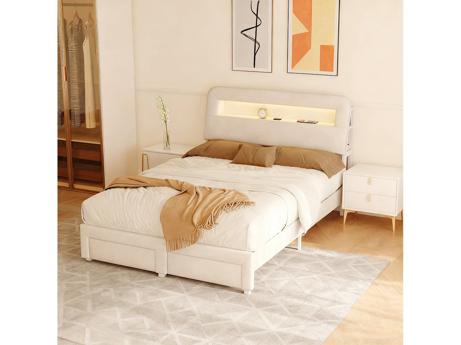 Structure de lit,POCKETPOP,140x190 cm,USB et LED,avec 2 tiroirs,tissu en velours,cadre de lit 140x190 cm,Blanc cassé