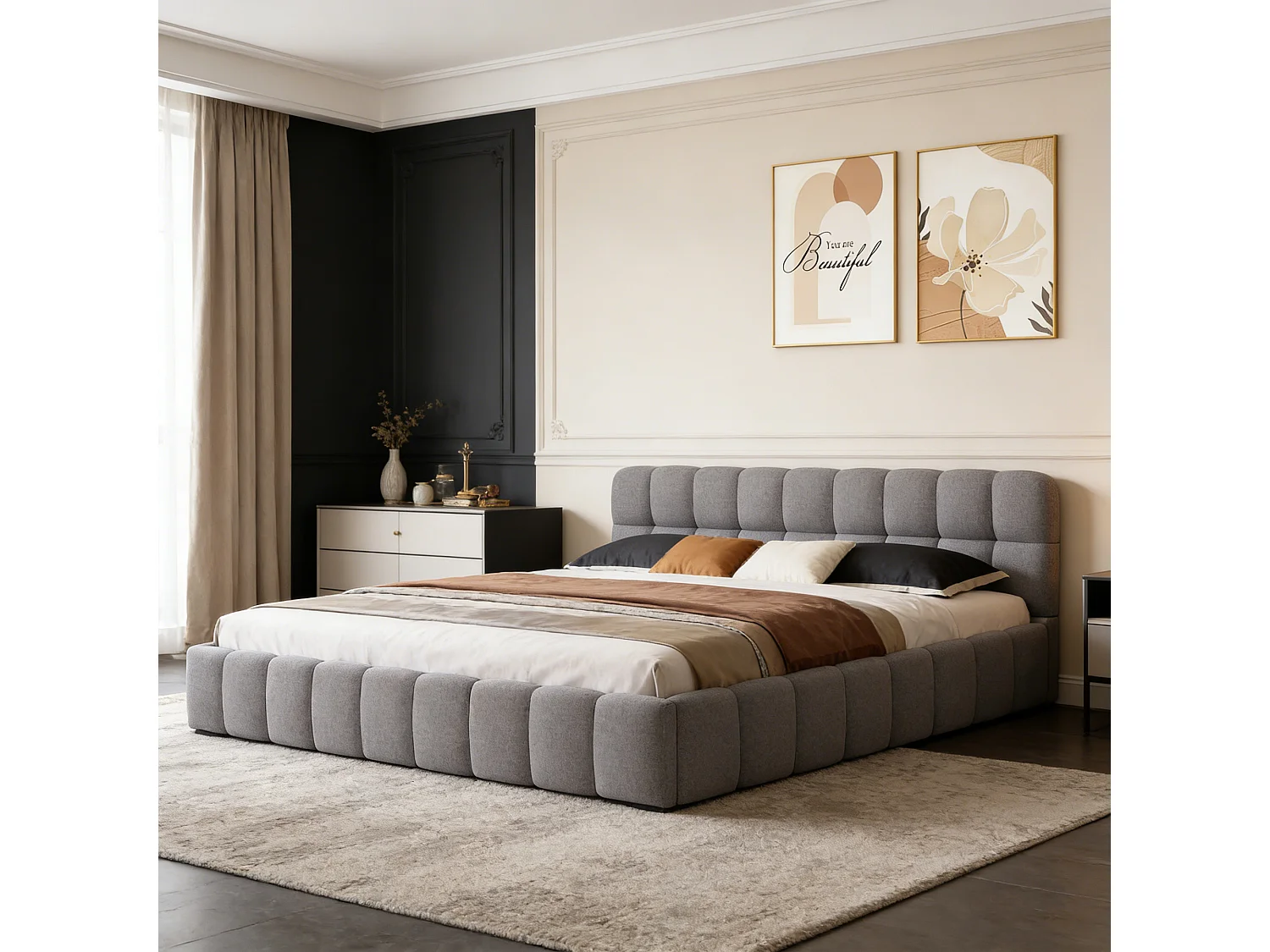 Cadre de Lit 140x190 cm -Tête de Lit rembourré - avec Sommier à Lattes, Tissu en lin, sans Matelas, Gris