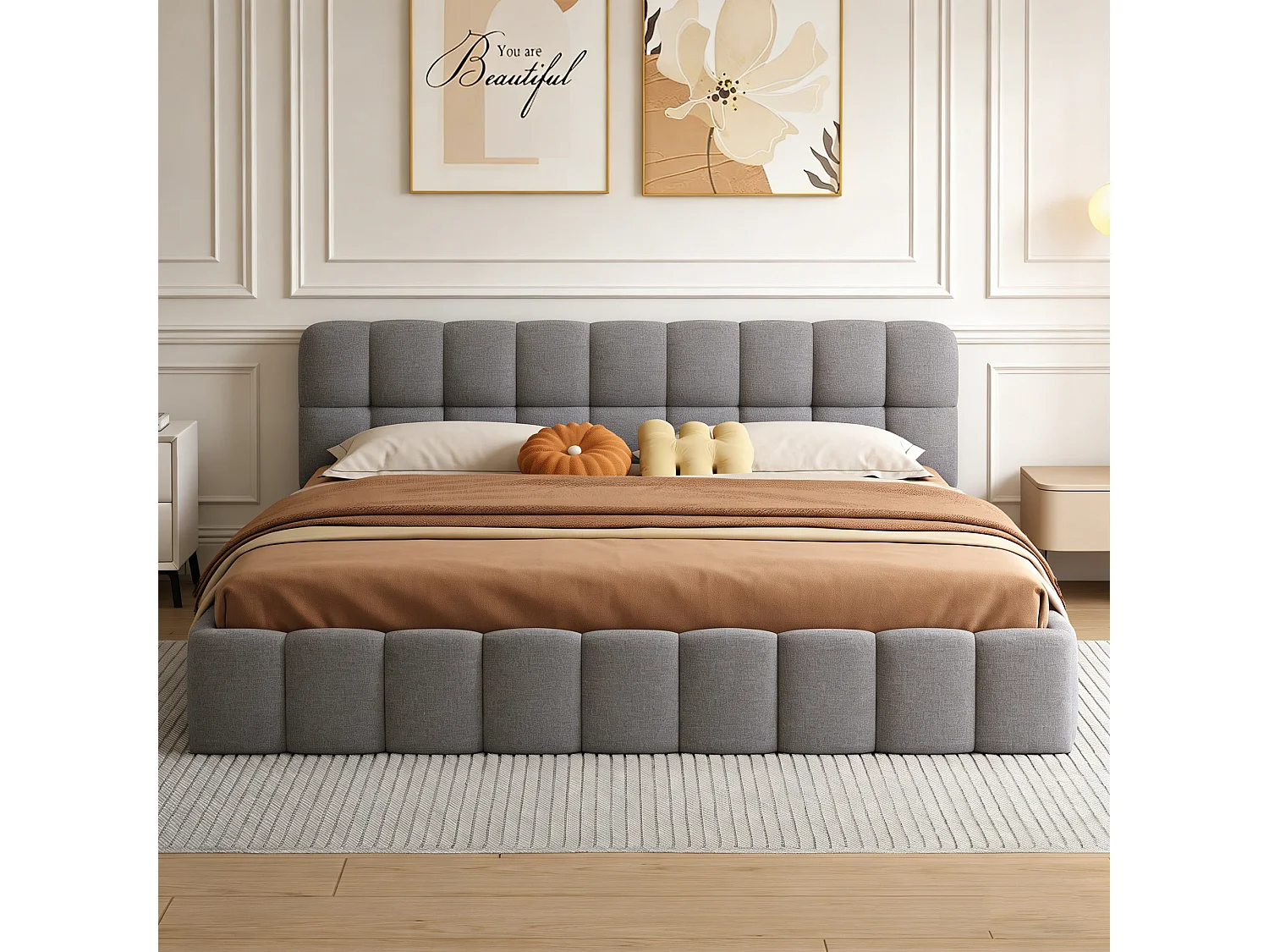 Cadre de Lit 140x190 cm -Tête de Lit rembourré - avec Sommier à Lattes, Tissu en lin, sans Matelas, Gris