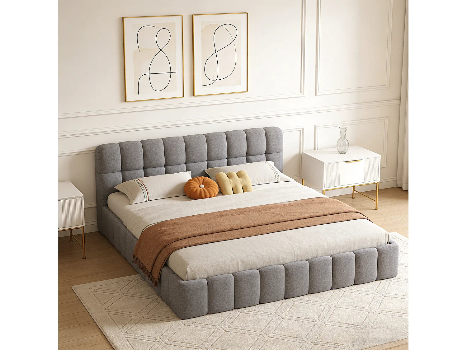 Cadre de Lit 140x190 cm -Tête de Lit rembourré - avec Sommier à Lattes, Tissu en lin, sans Matelas, Gris