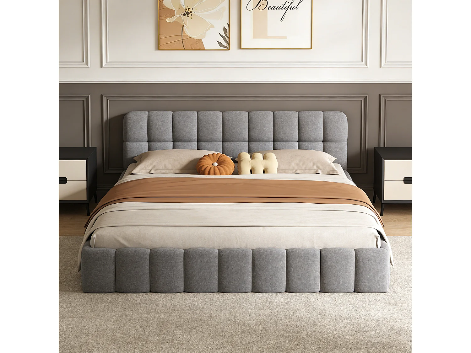 Cadre de Lit 140x190 cm -Tête de Lit rembourré - avec Sommier à Lattes, Tissu en lin, sans Matelas, Gris
