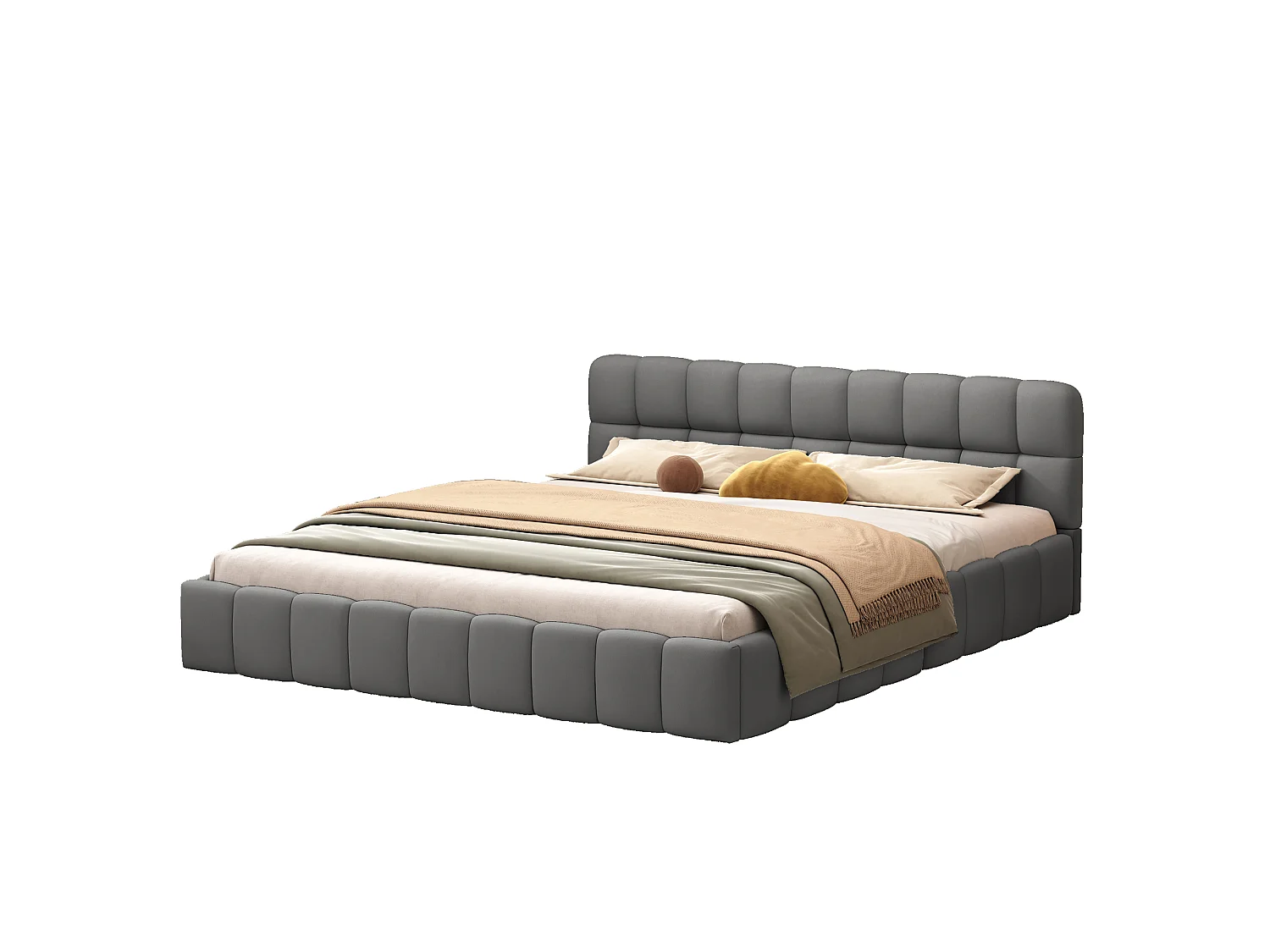 Cadre de lit 140x190 cm avec tête de lit rembourrée, sommier à lattes et revêtement en tissu de lin gris, sans matelas