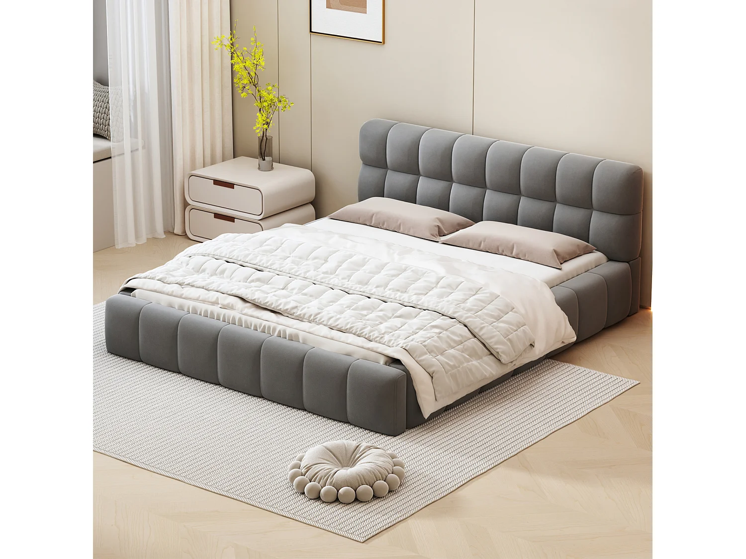 Cadre de lit 140x190 cm avec tête de lit rembourrée, sommier à lattes et revêtement en tissu de lin gris, sans matelas