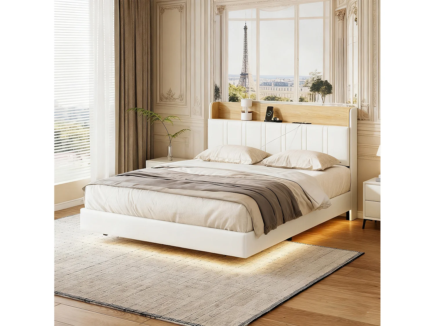 Lit 160x200 cm, USB, RGB LED, sac en tissu, cadre de lit adulte 160x200 cm, PU, blanc