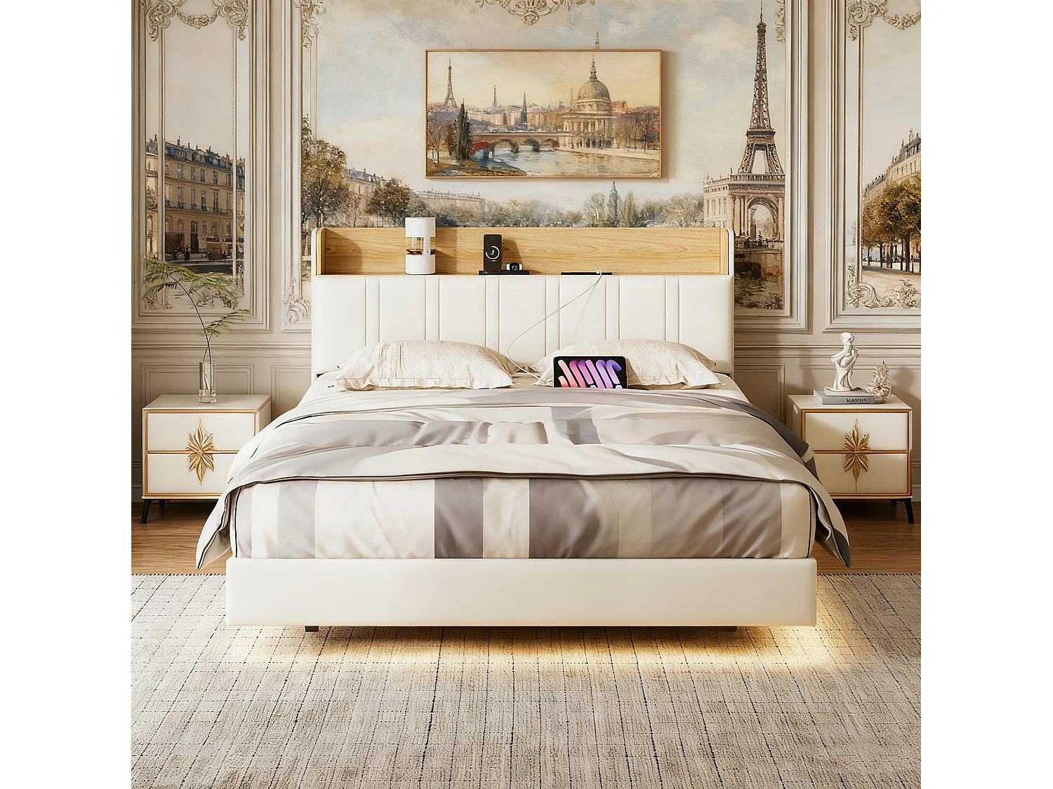 Lit 160x200 cm, USB, RGB LED, sac en tissu, cadre de lit adulte 160x200 cm, PU, blanc