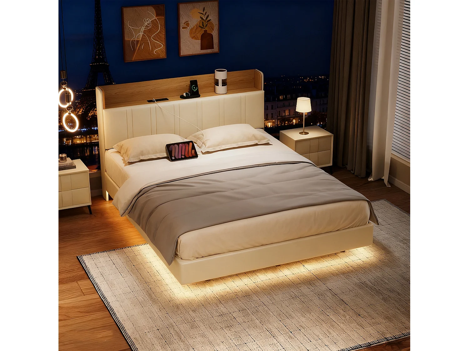 Lit 160x200 cm, USB, RGB LED, sac en tissu, cadre de lit adulte 160x200 cm, PU, blanc