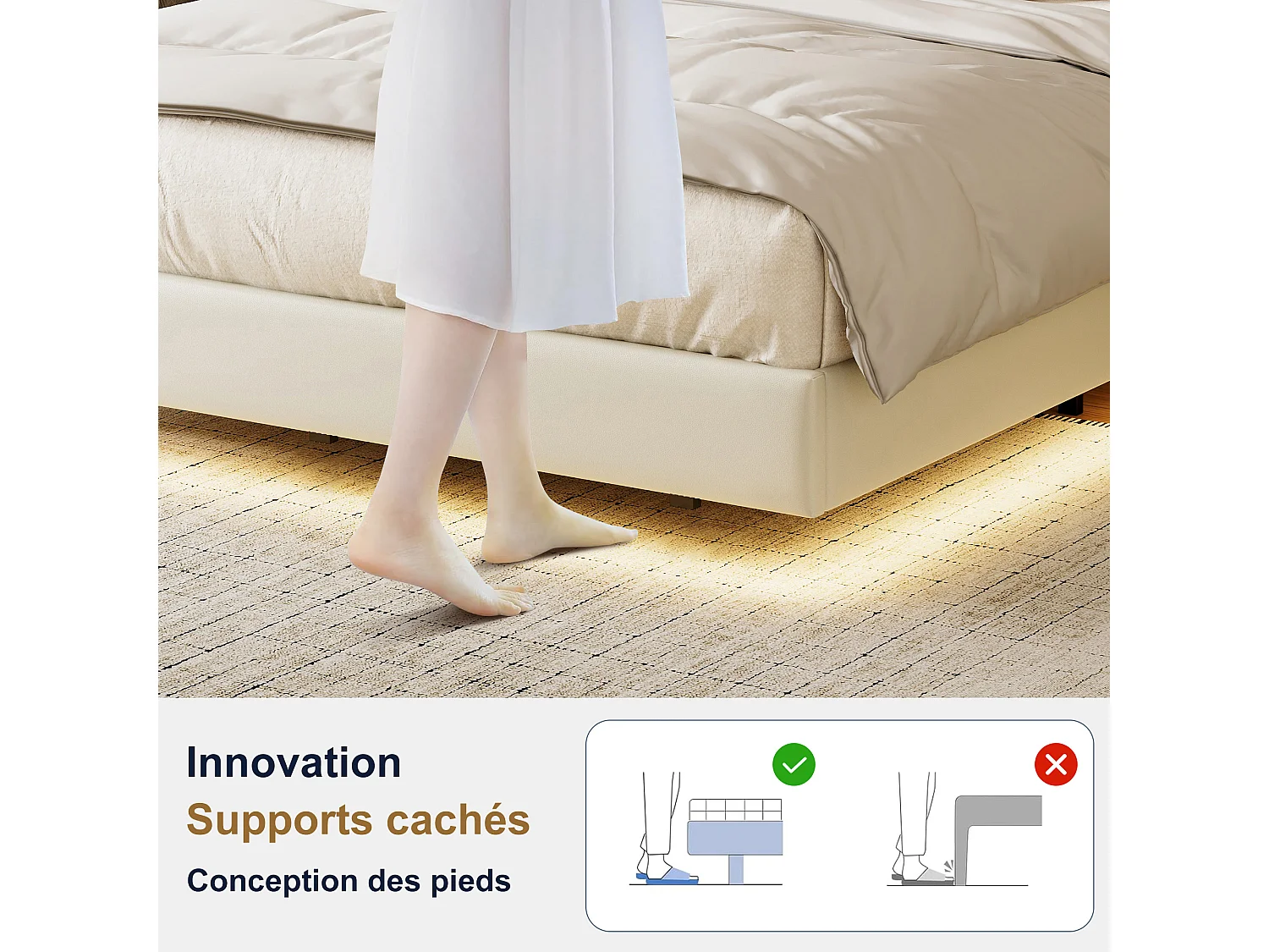 Lit 160x200 cm, USB, RGB LED, sac en tissu, cadre de lit adulte 160x200 cm, PU, blanc