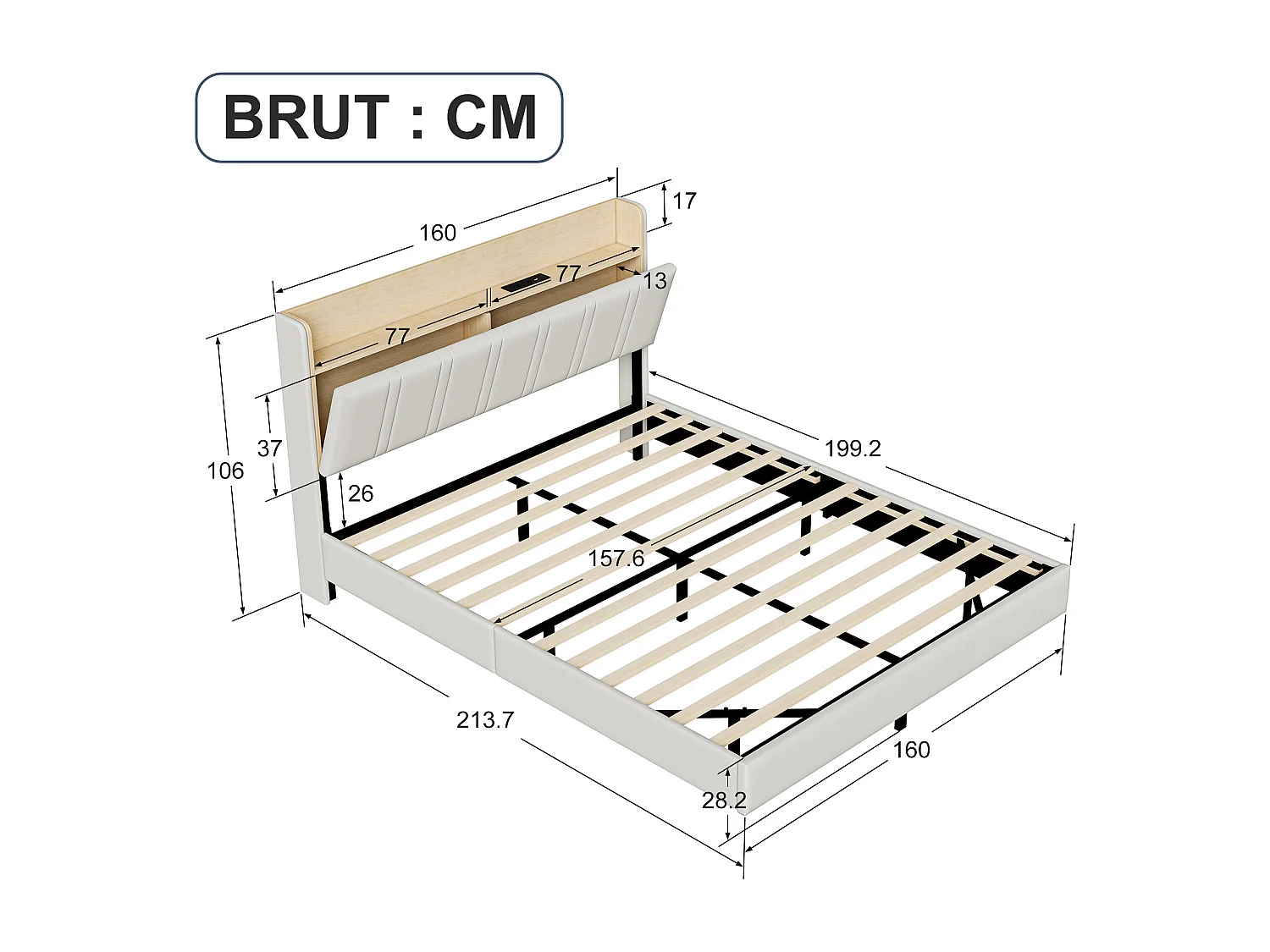 Lit 160x200 cm, USB, RGB LED, sac en tissu, cadre de lit adulte 160x200 cm, PU, blanc