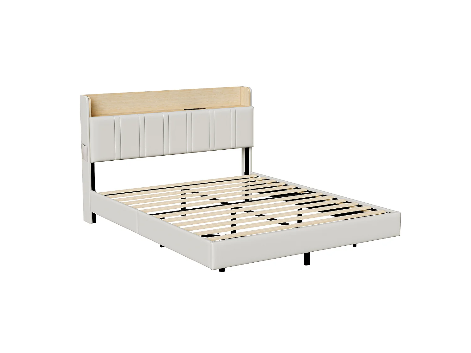 Lit double 160 x 200 cm avec sommier à lattes – Système LED RGB et ports de charge intégrés – Revêtement en PU blanc