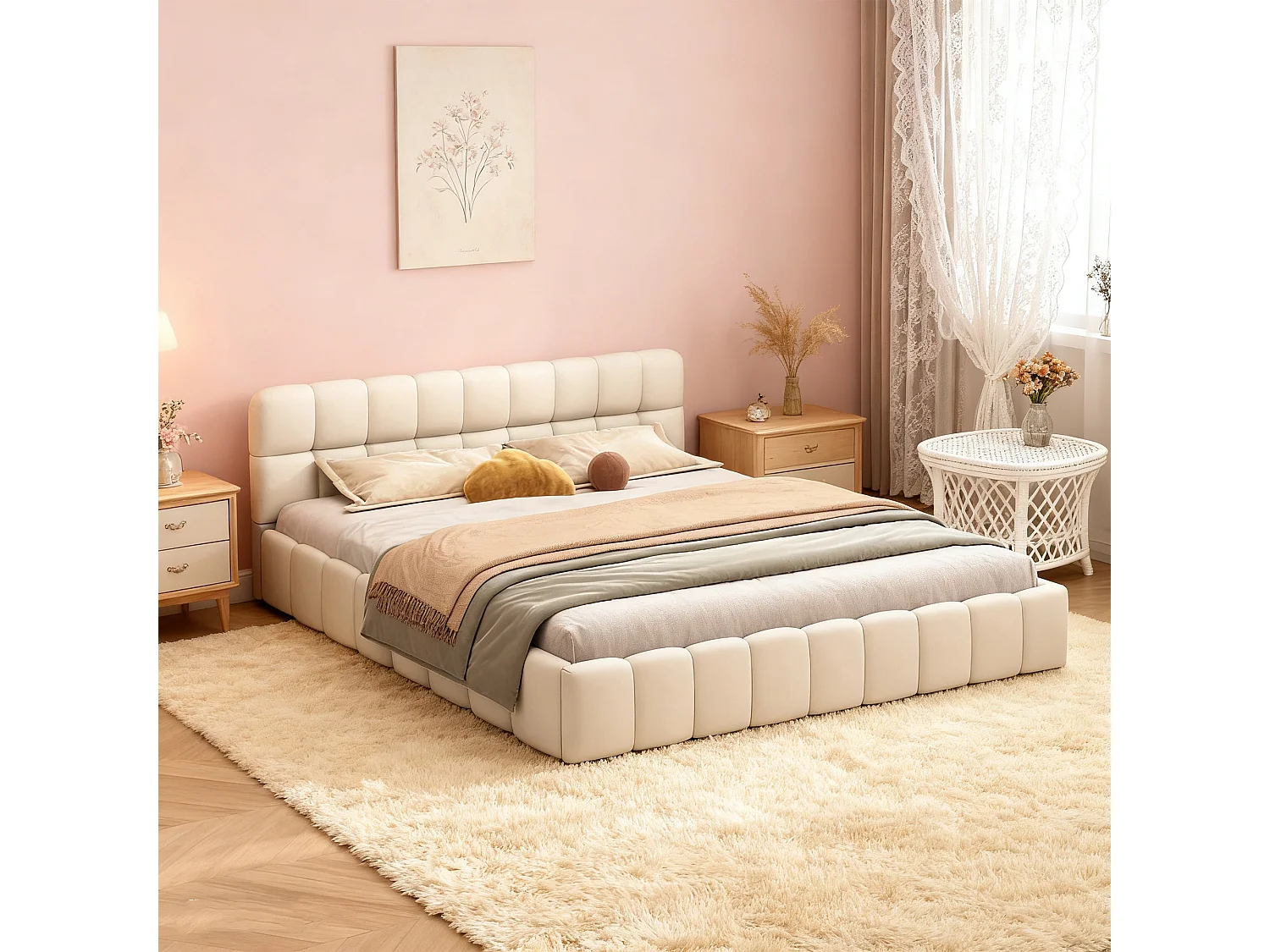 Cadre de Lit 140 x 190 avec Sommier à Lattes - NEXU - lit rembourré pour Chambre - Lit 2 Personnes