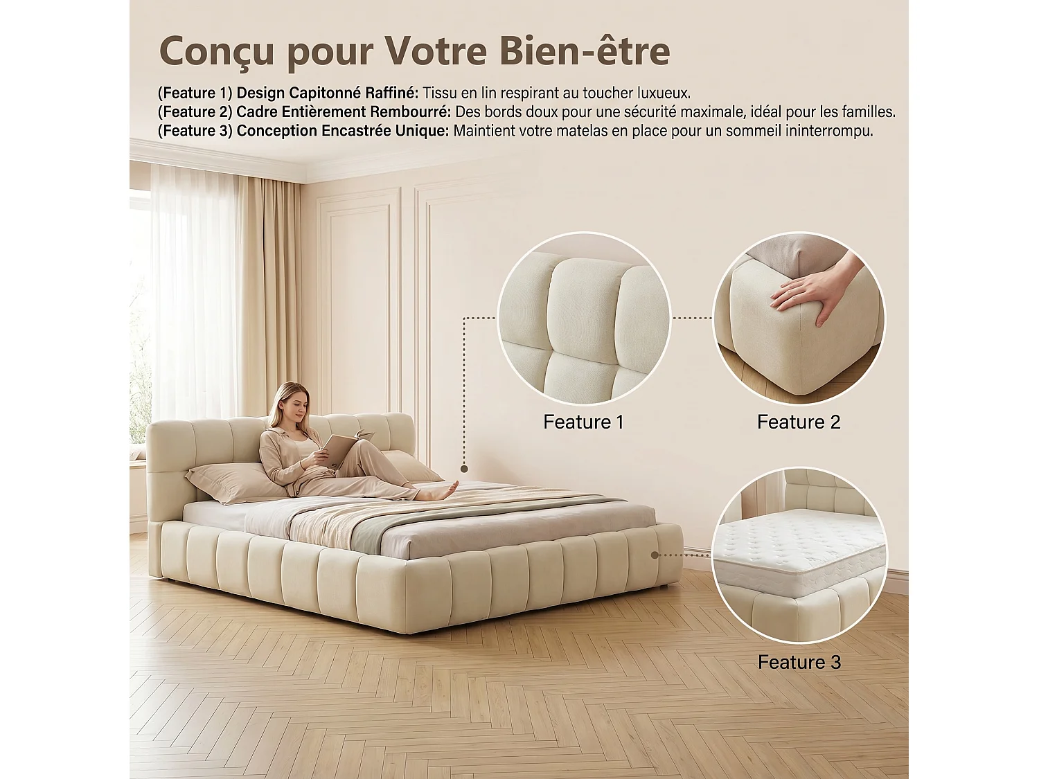 Bedframe van 140 x 190 cm met lattenbodem - NEXU - gestoffeerd bed voor de slaapkamer - Tweepersoons