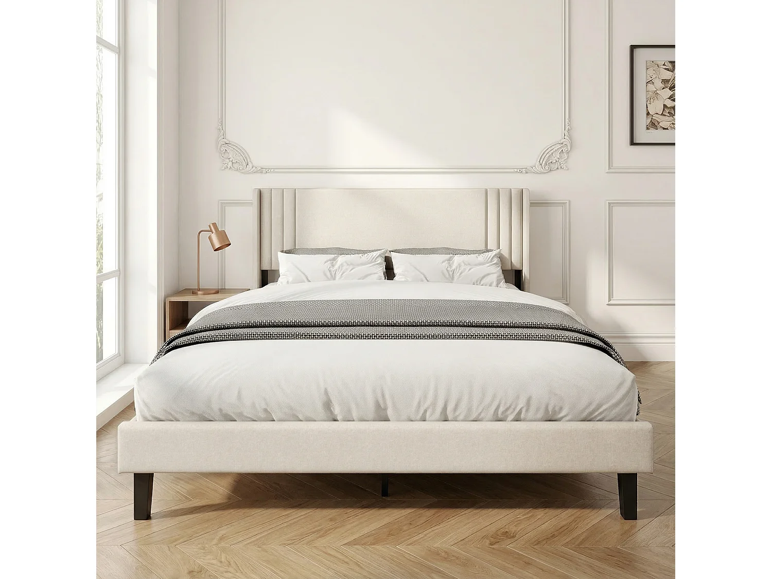 Cadre de Lit Double 140x190 cm,Tête de Lit Lin respirant, Cadres en métal et en bois, Beige