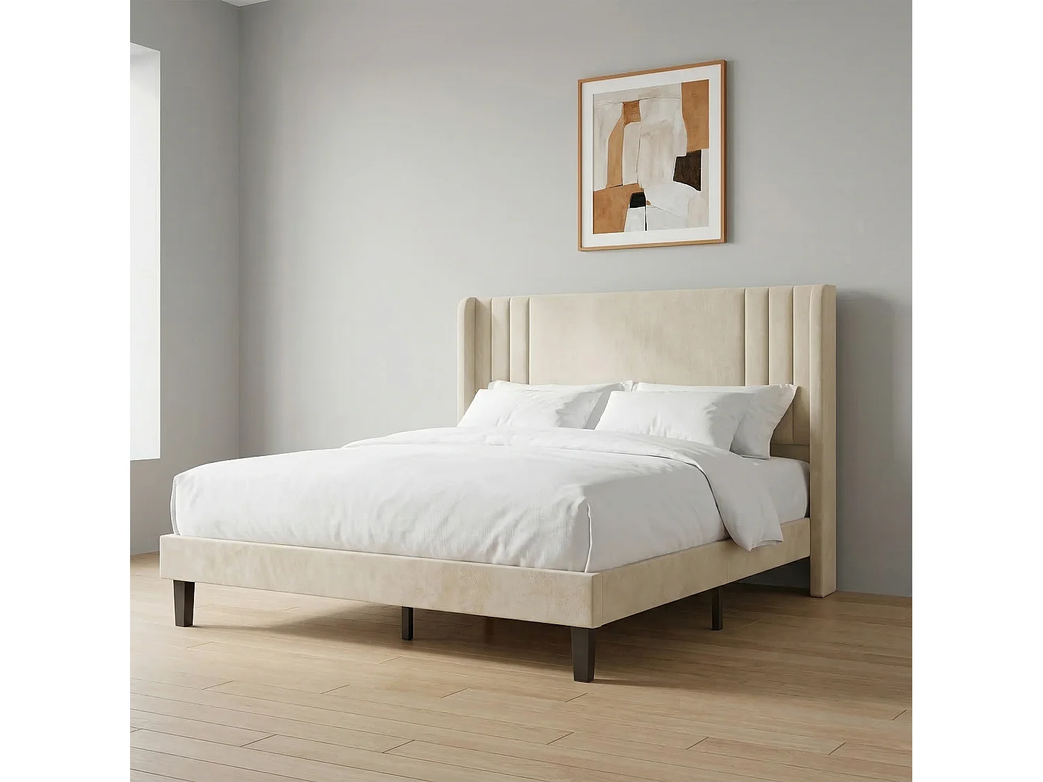 Cadre de Lit Double 140x190 cm,Tête de Lit Lin respirant, Cadres en métal et en bois, Beige