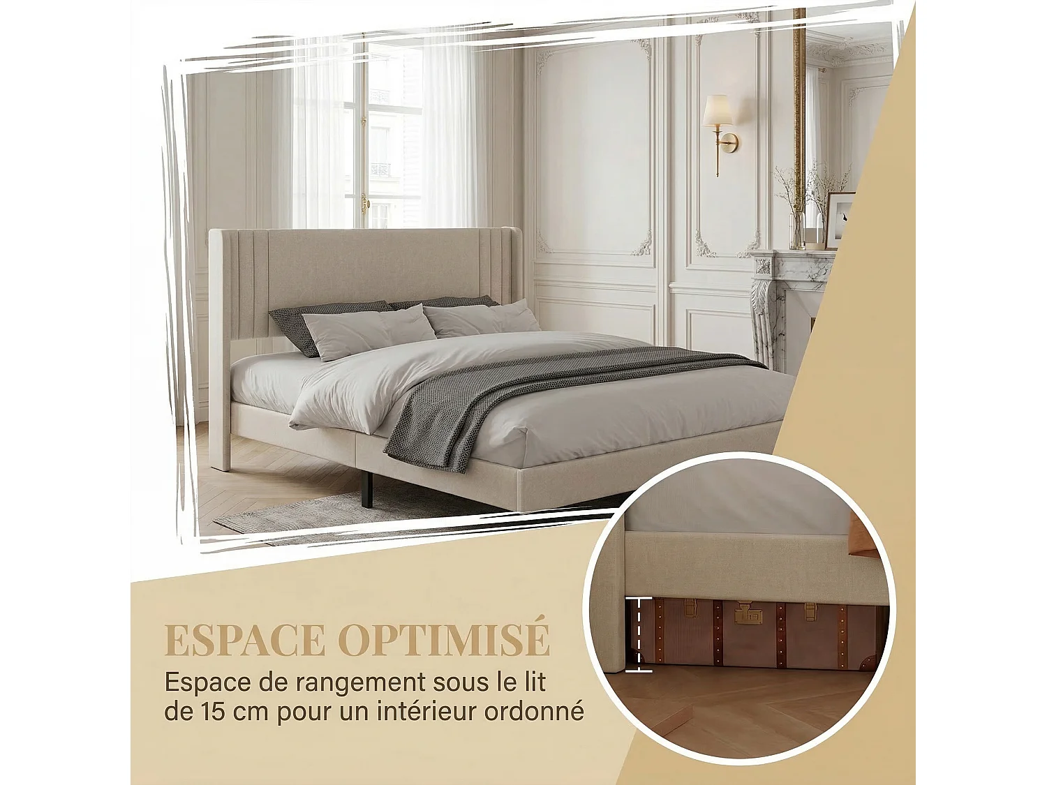 Cadre de Lit Double 140x190 cm,Tête de Lit Lin respirant, Cadres en métal et en bois, Beige