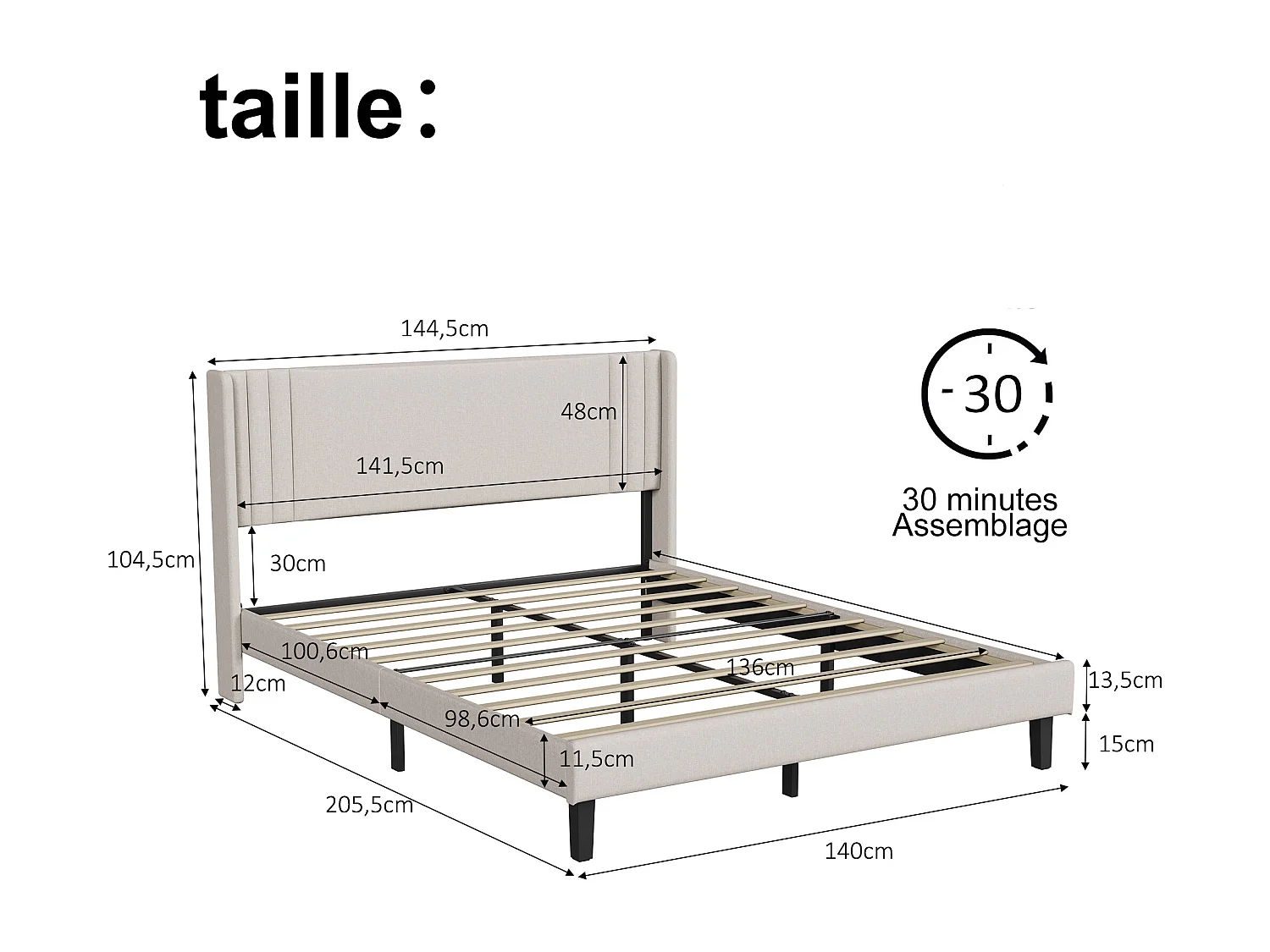 Cadre de Lit Double 140x190 cm,Tête de Lit Lin respirant, Cadres en métal et en bois, Beige