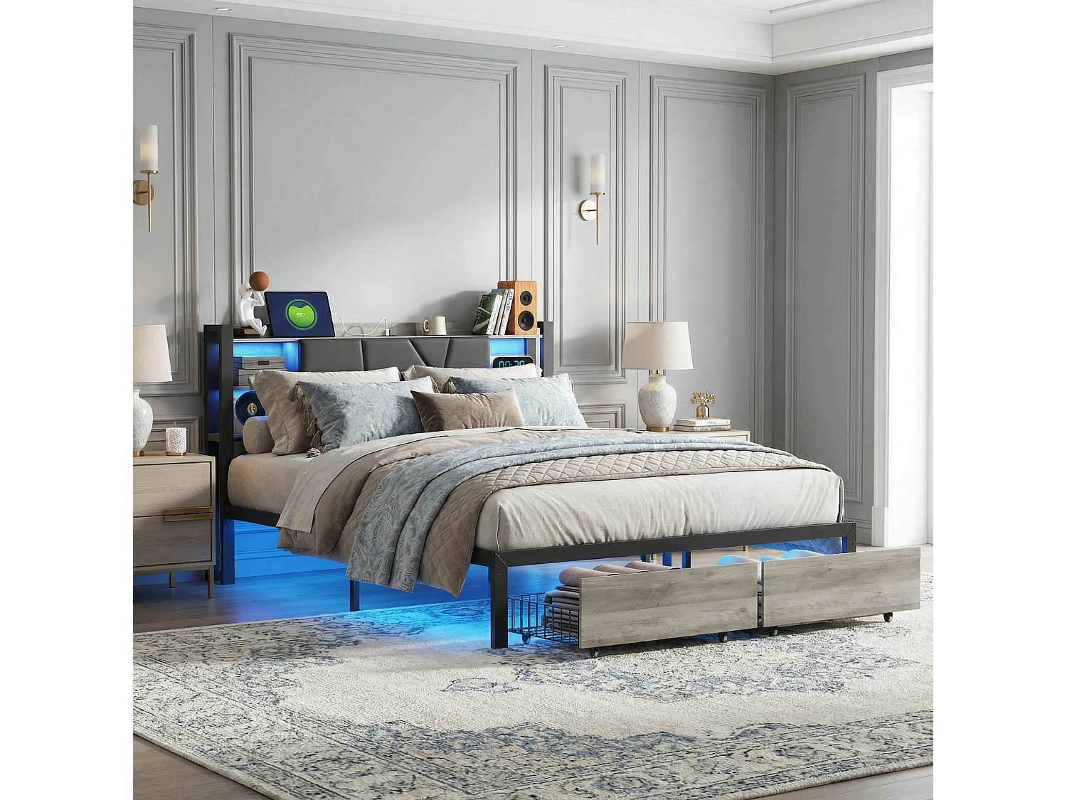 Structure de lit,POCKETPOP,140x190 cm,USB et LED,avec 2 tiroirs,tissu en pu,cadre de lit 140x190 cm,Couleur noire et bois
