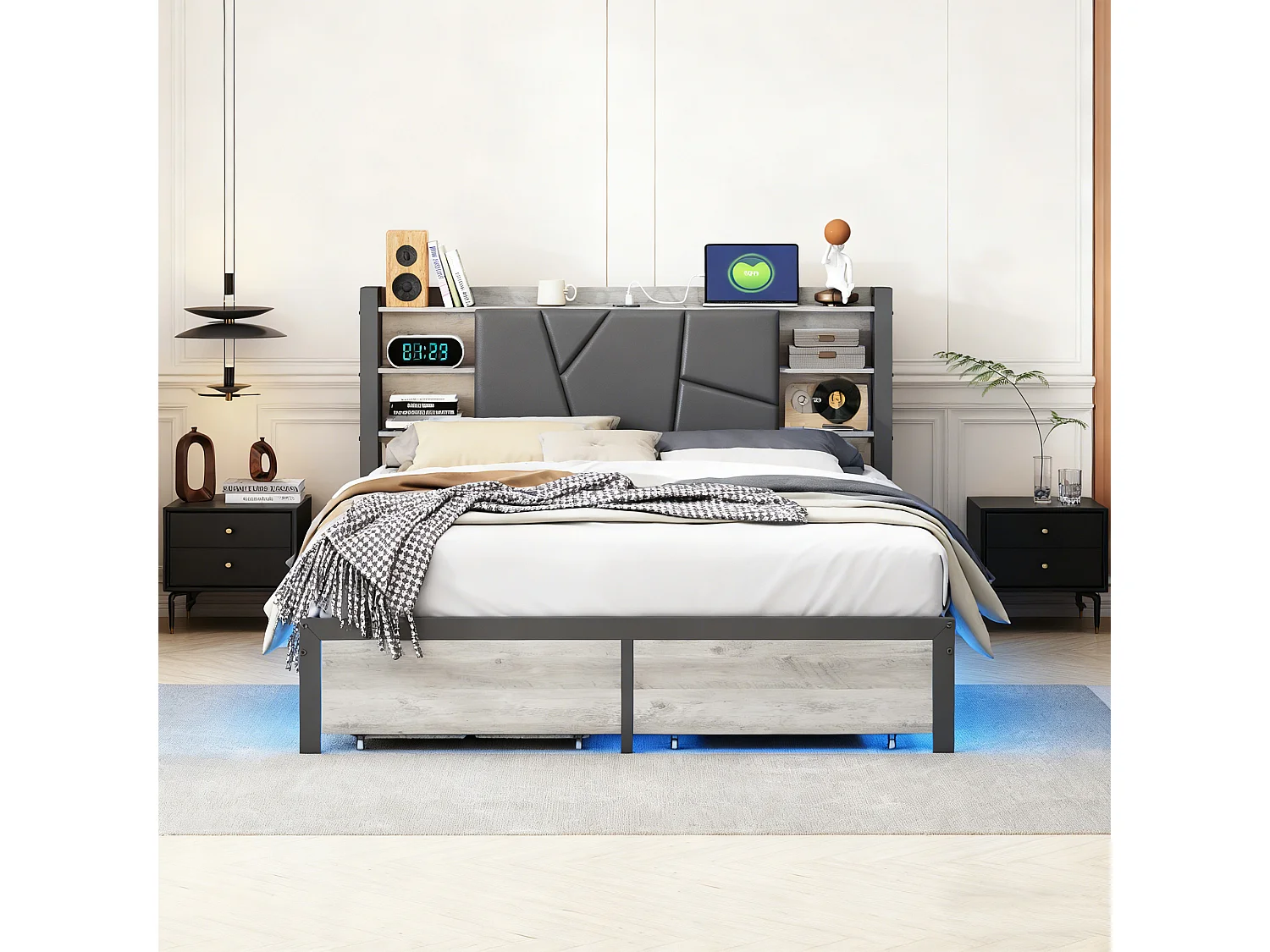 Structure de lit,POCKETPOP,140x190 cm,USB et LED,avec 2 tiroirs,tissu en pu,cadre de lit 140x190 cm,Couleur noire et bois