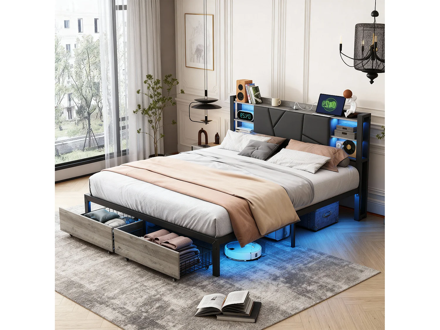 Structure de lit,POCKETPOP,140x190 cm,USB et LED,avec 2 tiroirs,tissu en pu,cadre de lit 140x190 cm,Couleur noire et bois