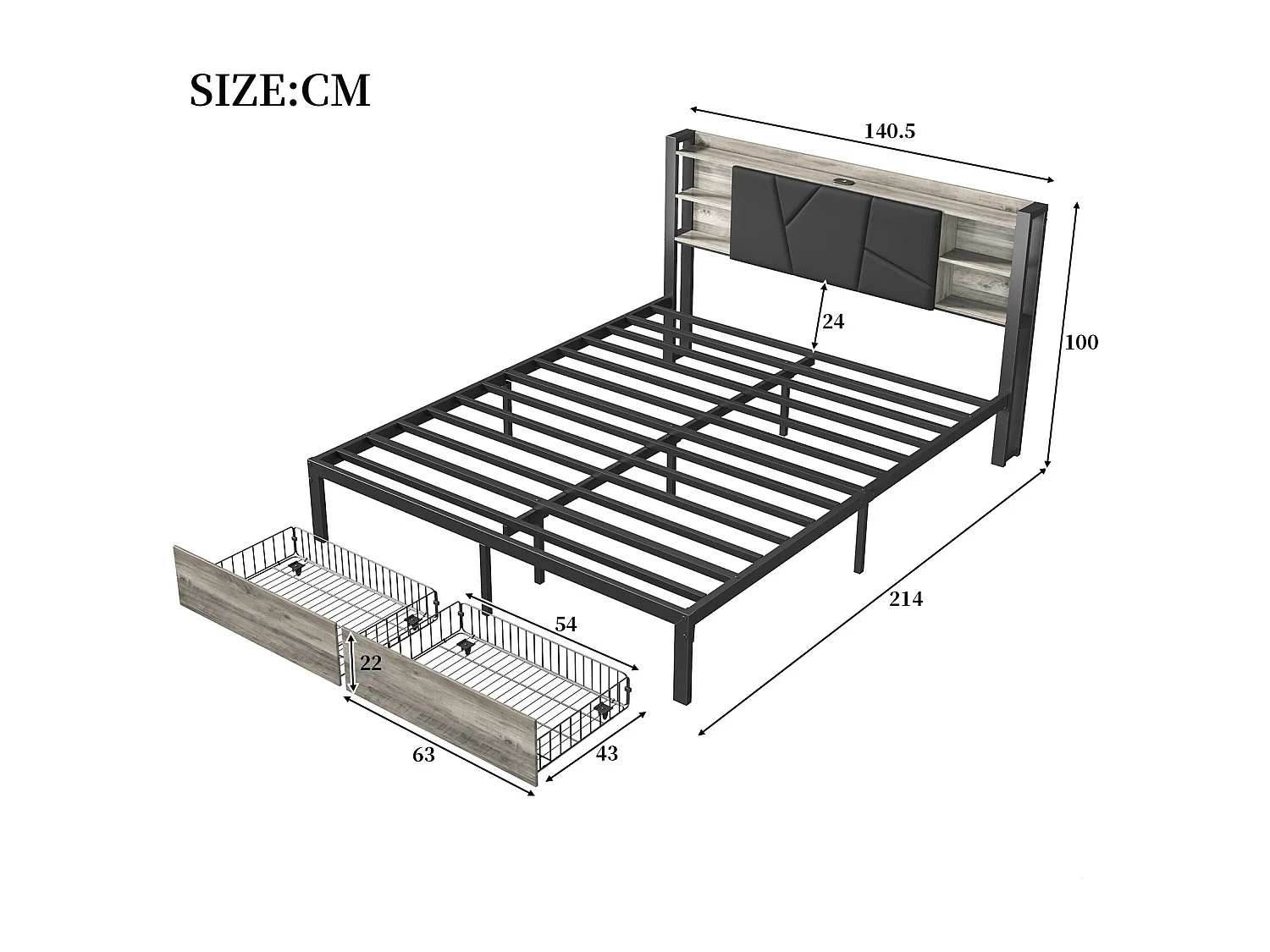 Structure de lit,POCKETPOP,140x190 cm,USB et LED,avec 2 tiroirs,tissu en pu,cadre de lit 140x190 cm,Couleur noire et bois