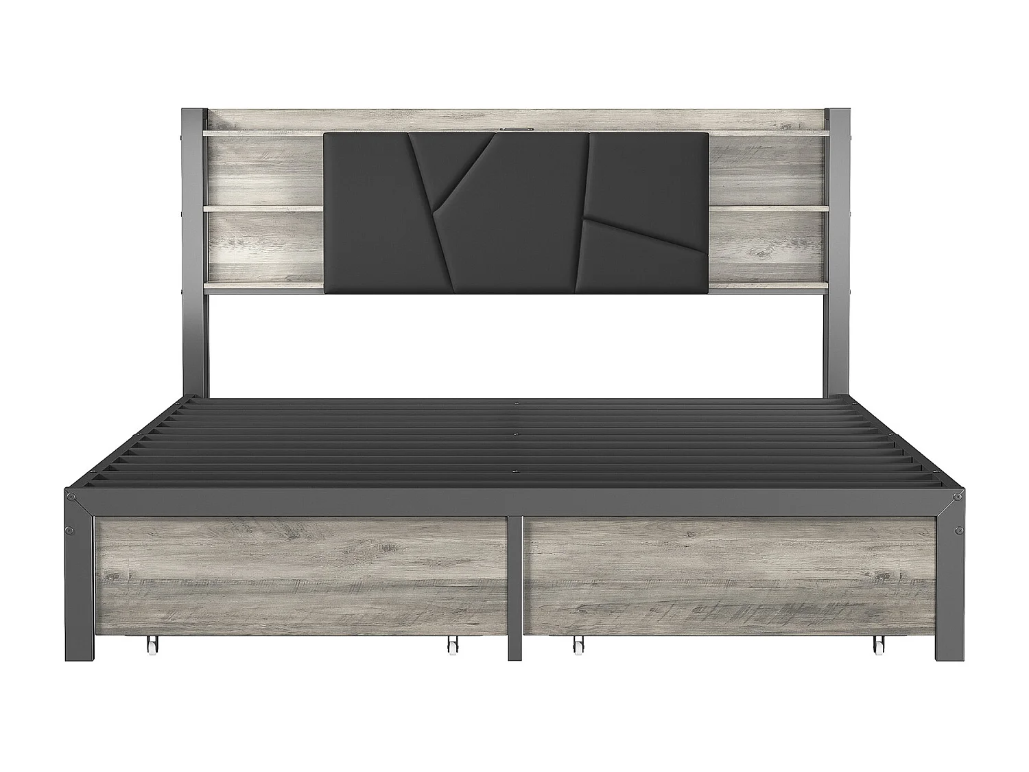 Structure de lit,POCKETPOP,140x190 cm,USB et LED,avec 2 tiroirs,tissu en pu,cadre de lit 140x190 cm,Couleur noire et bois
