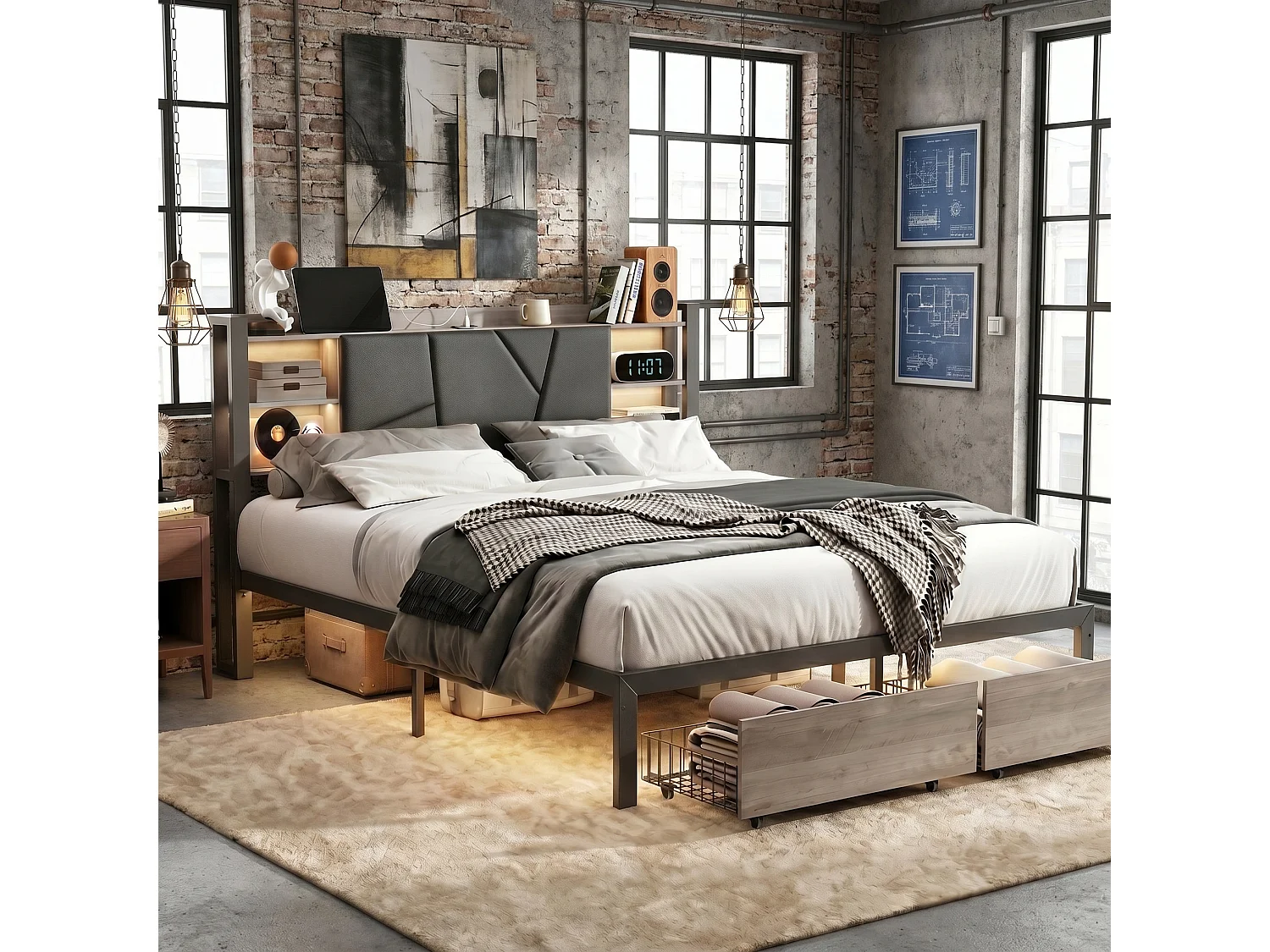 Lit double 140 x 190 cm avec 2 tiroirs de rangement – Éclairage LED et ports USB intégrés – Revêtement en PU noir et finition bois – POCKETPOP